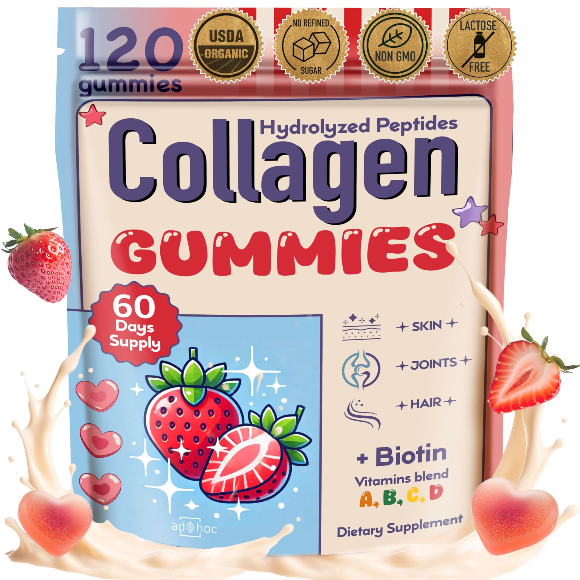 Collagen Peptides Gummies for Women – Biotin, Zinc, Vitamin D3 – 120 Count – Hydrolyzed Collagen Gummy Complex – Hair, Skin & Nails Support – Sugar-Free, Halal, Lactose-Free, Strawberry Cream Flavor ad hoc uk supplements