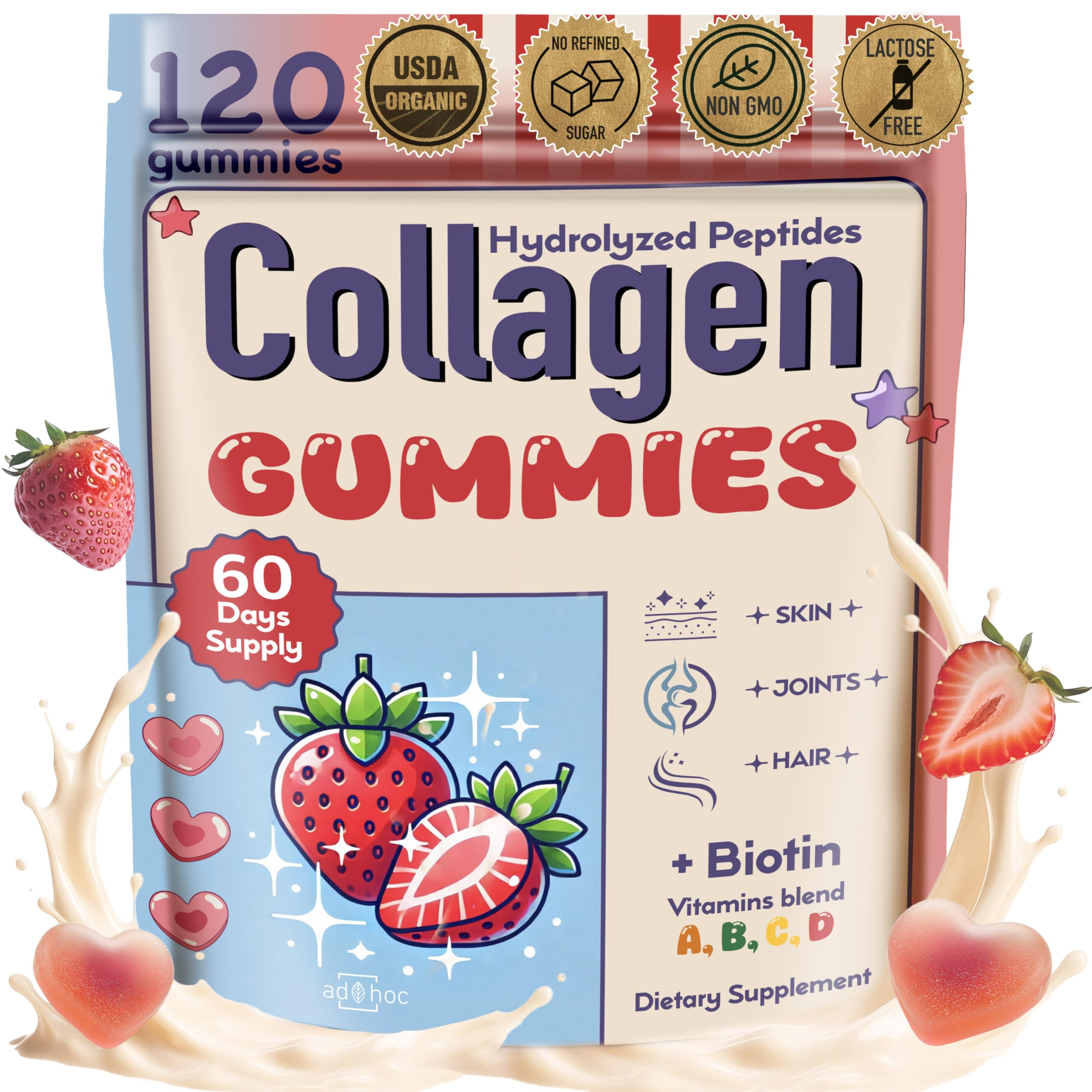Collagen Peptides Gummies for Women – Biotin, Zinc, Vitamin D3 – 120 Count – Hydrolyzed Collagen Gummy Complex – Hair, Skin & Nails Support – Sugar-Free, Halal, Lactose-Free, Strawberry Cream Flavor ad hoc uk supplements