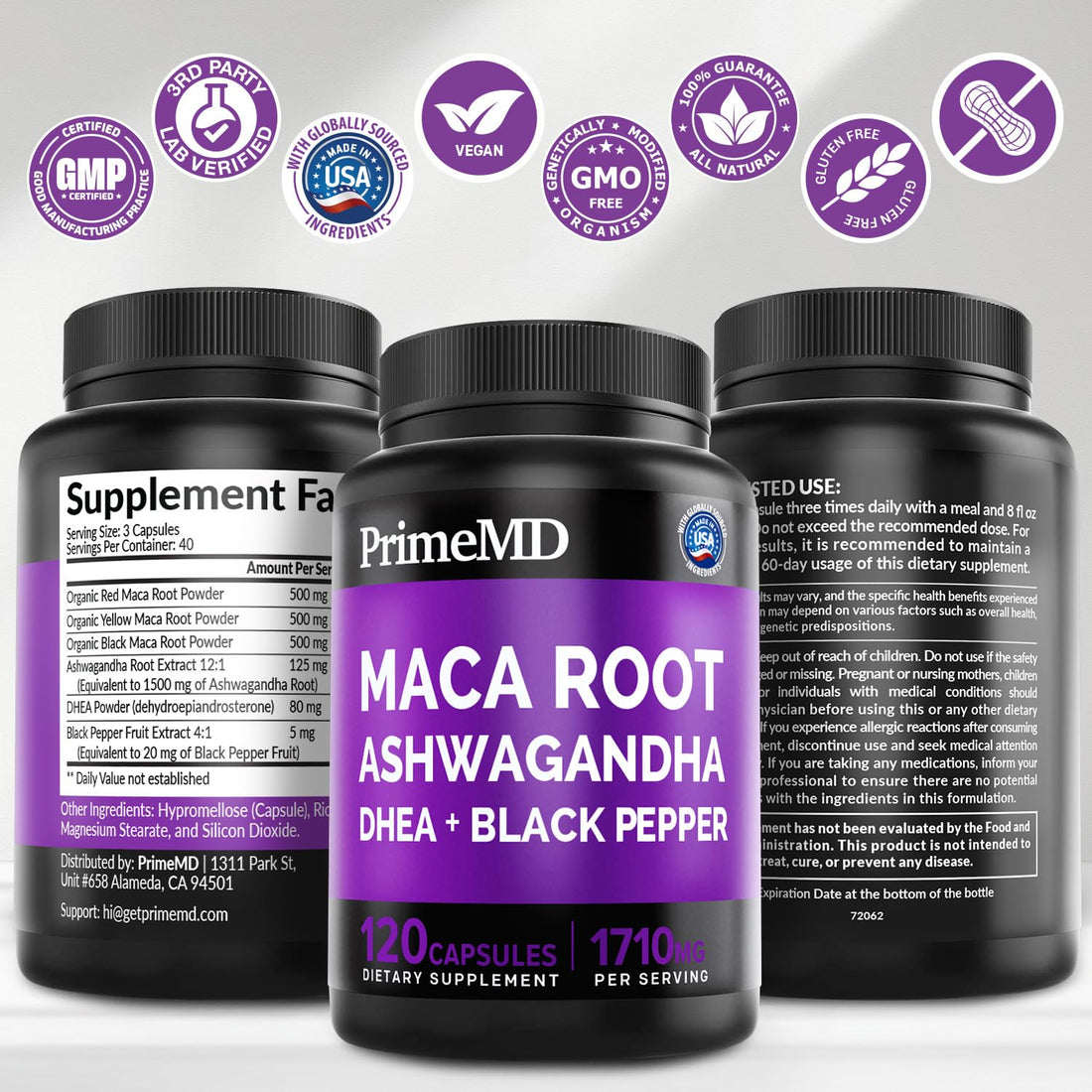 6-in-1 Organic Maca Root Ashwagandha Capsules 1710mg with DHEA and Black Pepper Fruit Extract for Women and Men - Black Maca Supplement for Stamina, Bone and Mood Support Supplement, 120ct (Pack of 3) PrimeMD uk supplements