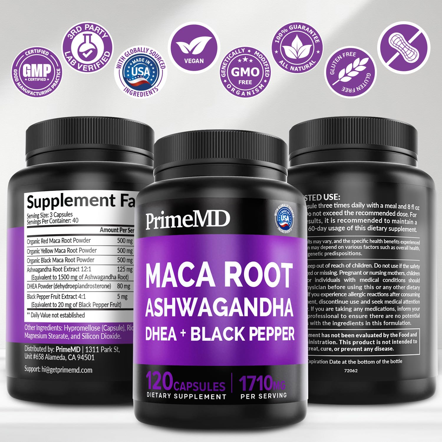 6-in-1 Organic Maca Root Ashwagandha Capsules 1710mg with DHEA and Black Pepper Fruit Extract for Women and Men - Black Maca Supplement for Stamina, Bone and Mood Support Supplement, 120ct (Pack of 3) PrimeMD uk supplements
