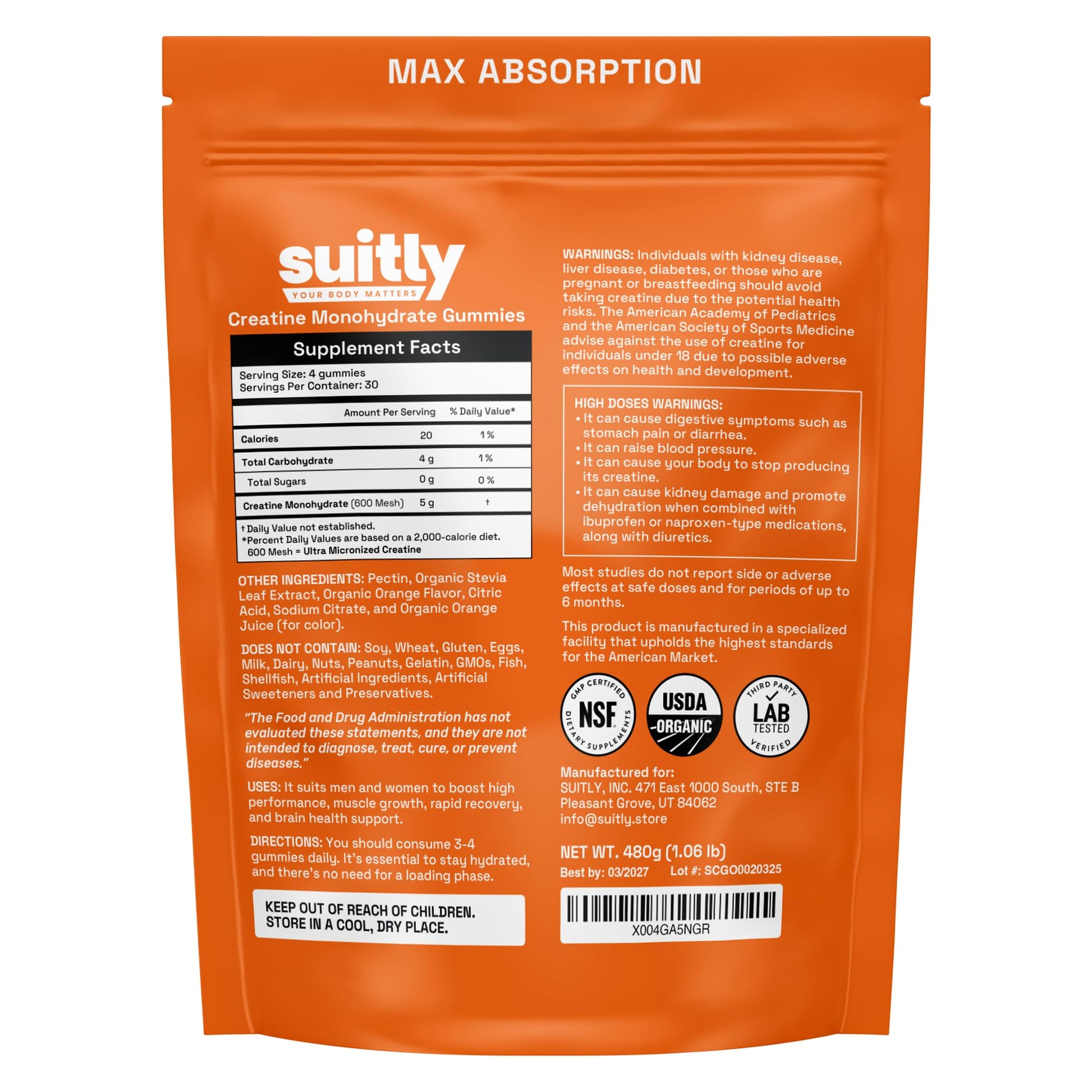 USDA Organic Ultra-Micronized Creatine Gummies for Men & Women; Orange Max Absorption 5g Creatine Gummies Sugar Free for Muscle Gain, Energy & Recovery; Muscle Builder for Women with Pouch - 120 Count Suitly uk supplements