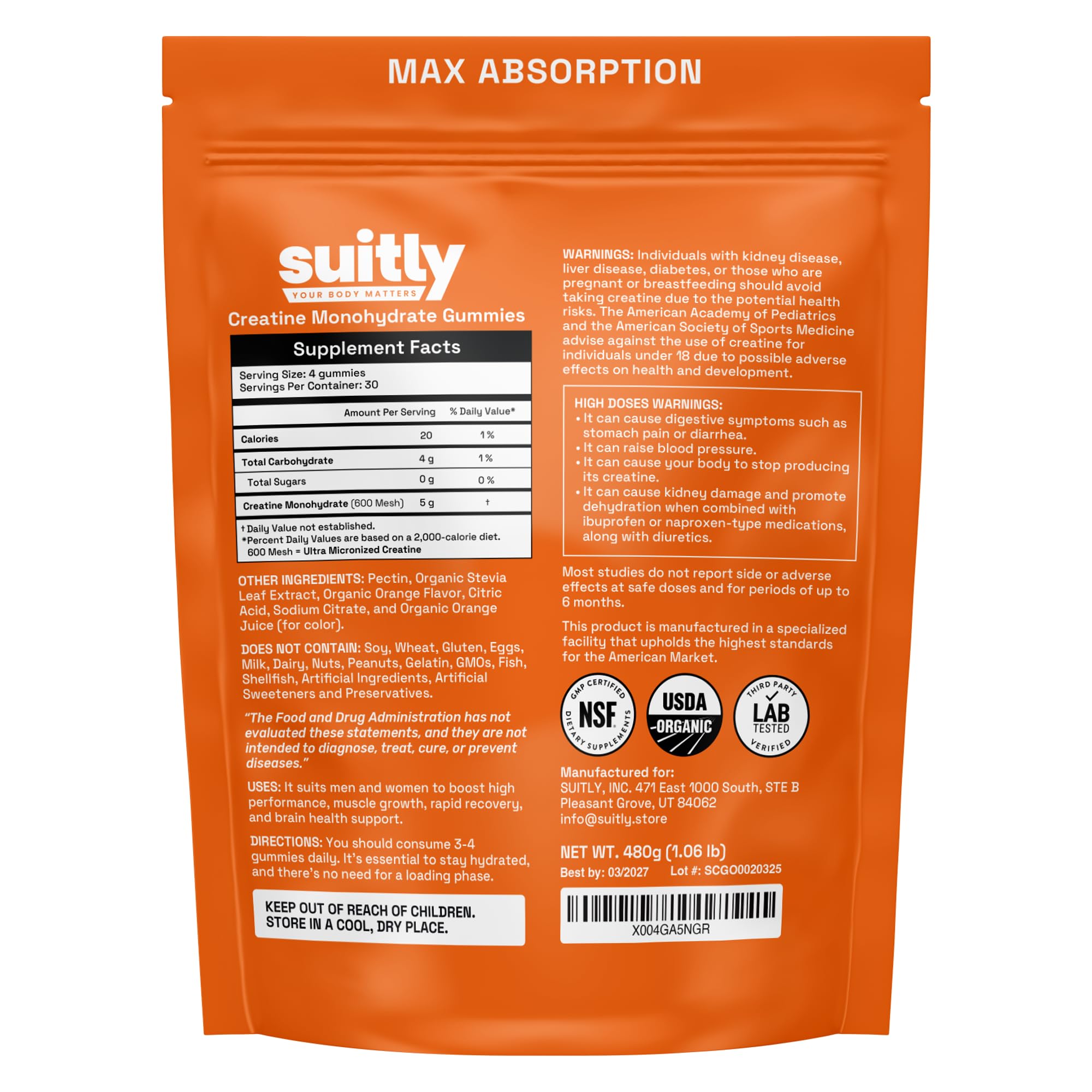USDA Organic Ultra-Micronized Creatine Gummies for Men & Women; Orange Max Absorption 5g Creatine Gummies Sugar Free for Muscle Gain, Energy & Recovery; Muscle Builder for Women with Pouch - 120 Count Suitly uk supplements