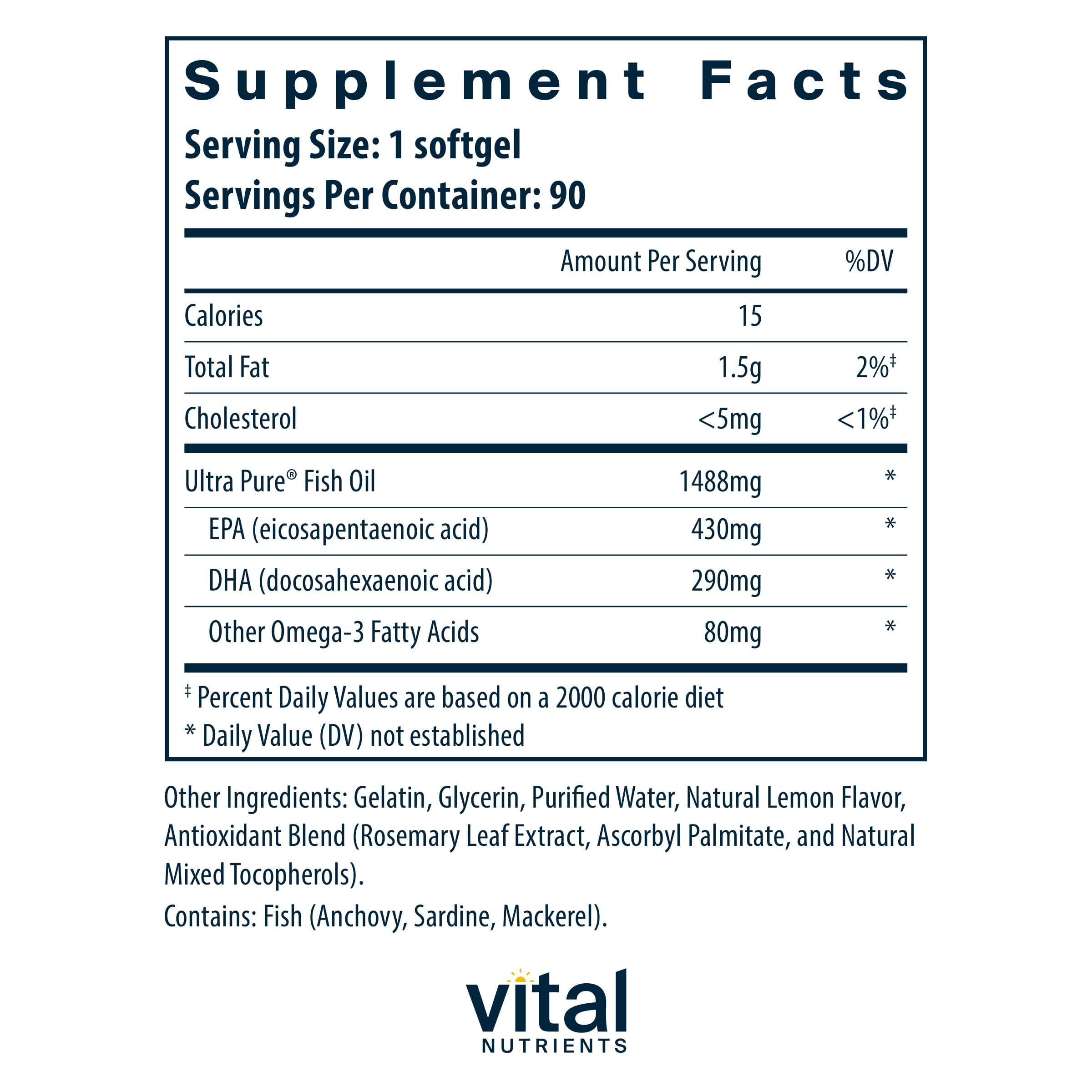 Vital Nutrients Ultra Pure® Fish Oil 800 Triglyceride Form - Heart, Brain, & Immune Health* - Sustainably Sourced High EPA & DHA Omega-3 Fatty Acid - Lemon Flavor - Gluten, Dairy, Soy Free - 90 Count Vital Nutrients uk supplements