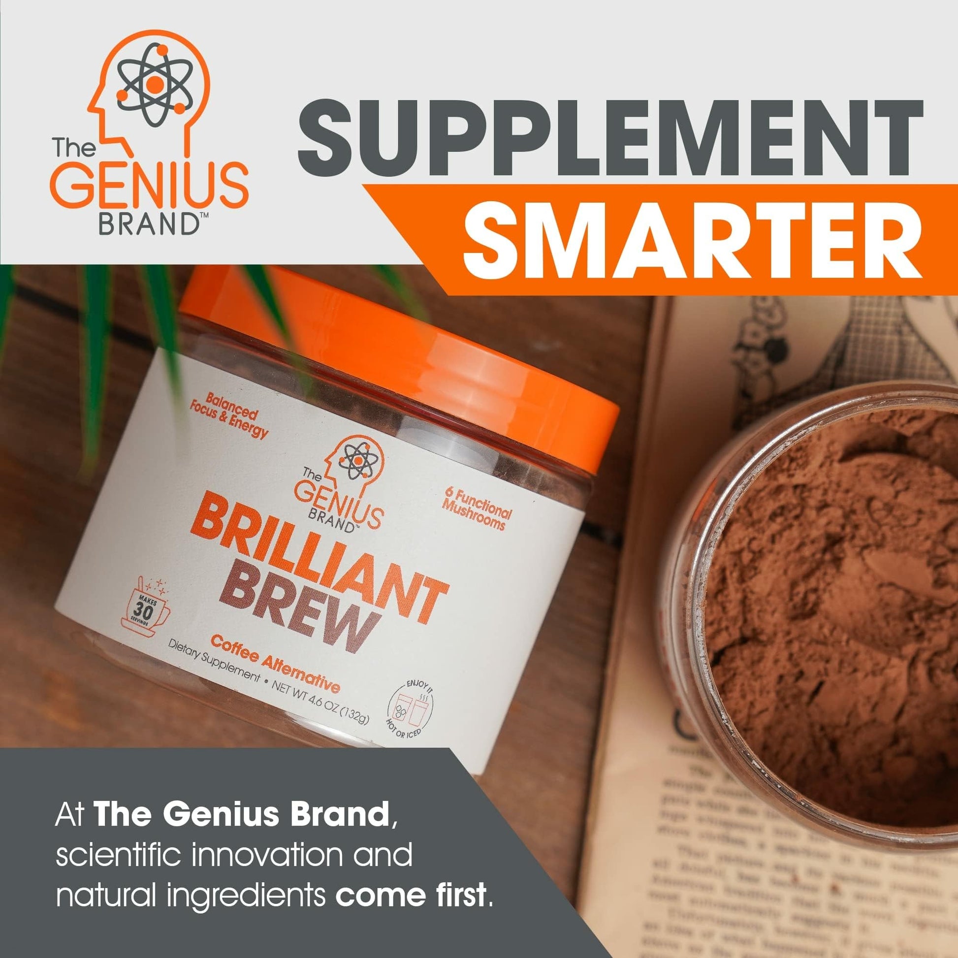 The Genius Brand Genius Brilliant Brew - Natural Coffee Substitute for Clear Thinking, Energy & Immune Support - No Crash or Jitters - Powered by Nootropics - Non-GMO - 30 Servings - Sweet Cocoa The Genius Brand uk supplements