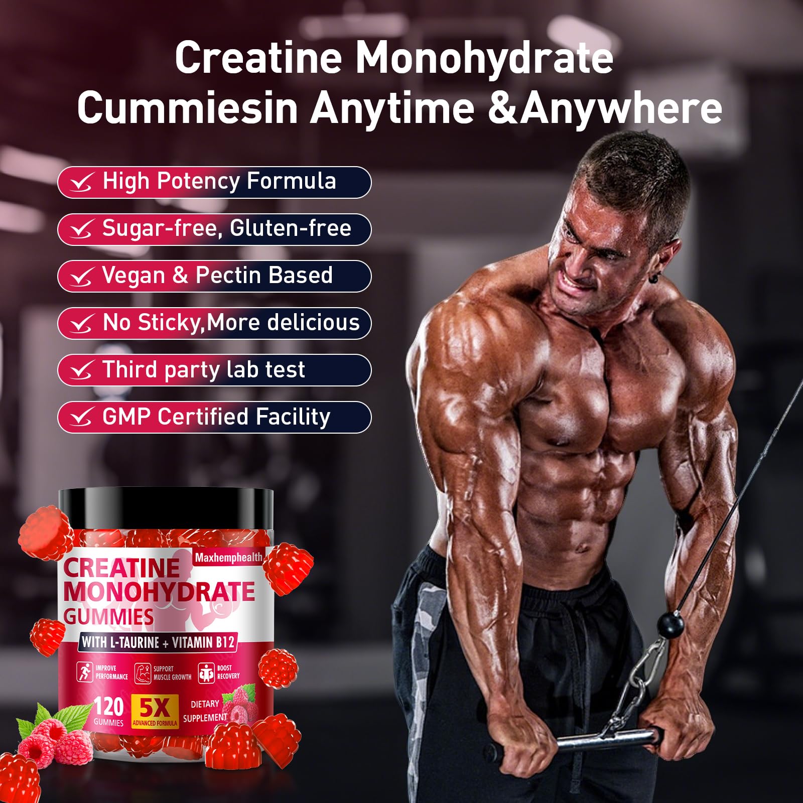 Creatine Gummies for Men & Women, Creatine Monohydrate Gummies 5g, Build Muscle, Strength, Recovery, Cognitive Health & Memory, Pre Workout Supplement, 120 Count Raspberry Chewable Gummy Maxhemphealth uk supplements