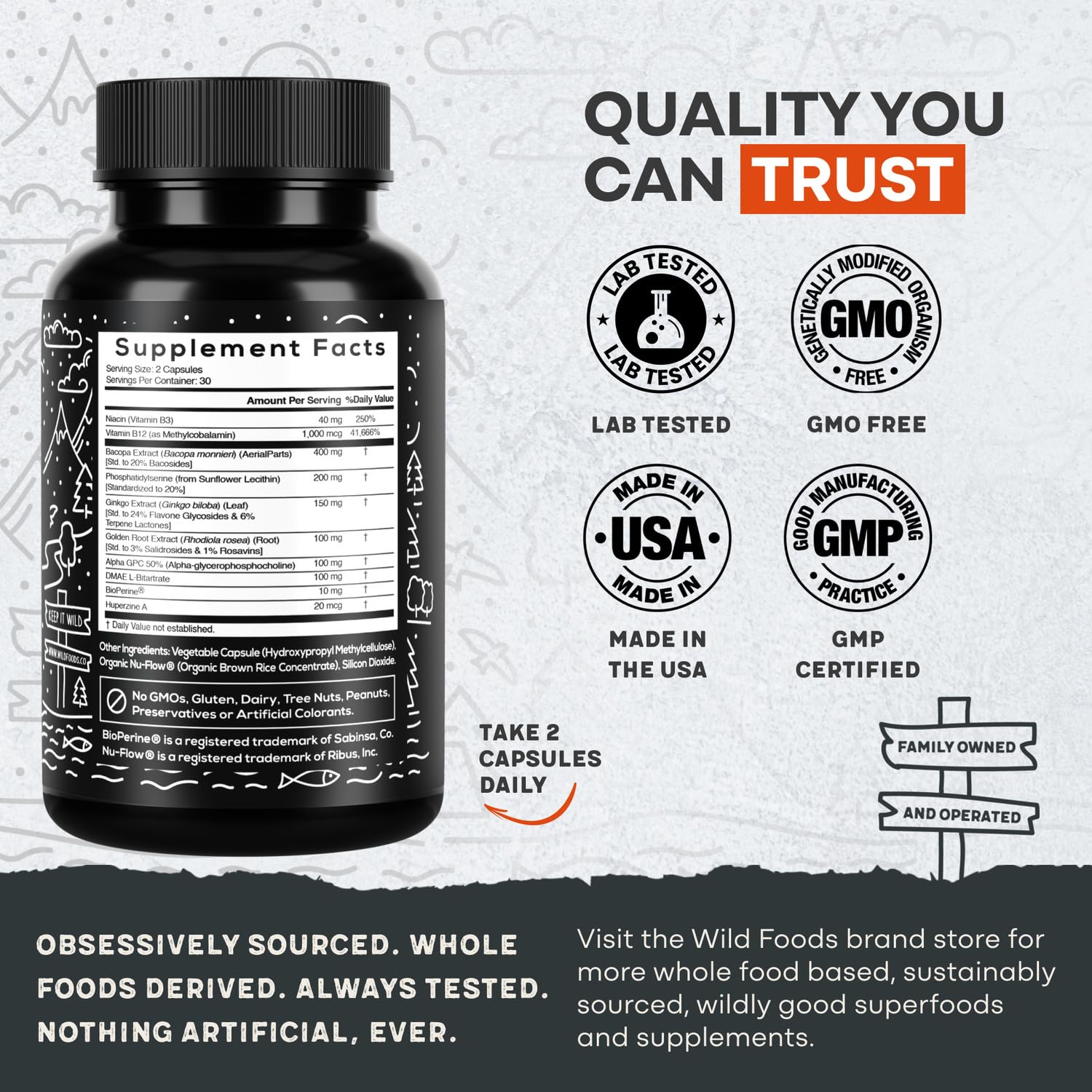 Wild Focus Brain Supplements | Caffeine-Free, Plant-Based Botanicals | Lions Mane, Ginkgo Biloba, Bacopa Monnieri, Lemon Balm | 100% Natural Nootropic | 60 caps Wild Foods uk supplements