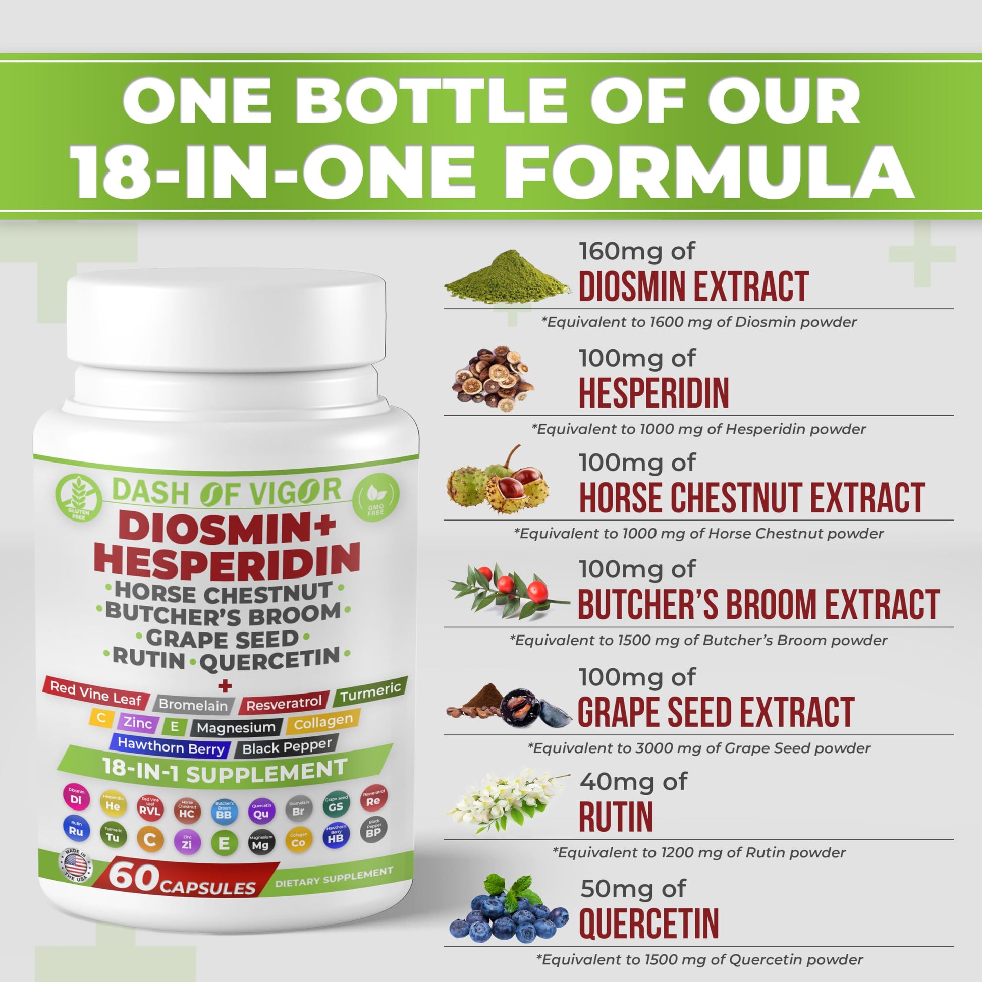 Dash of Vigor 18-in-1 Diosmin Hesperidin Supplement, Quercetin with Bromelain, Zinc, Vitamin C with Rutin Supplement, Horse Chestnut Extract, Butcher's Broom Extract, USA, 60 Capsules DASH OF VIGOR DOFV uk supplements