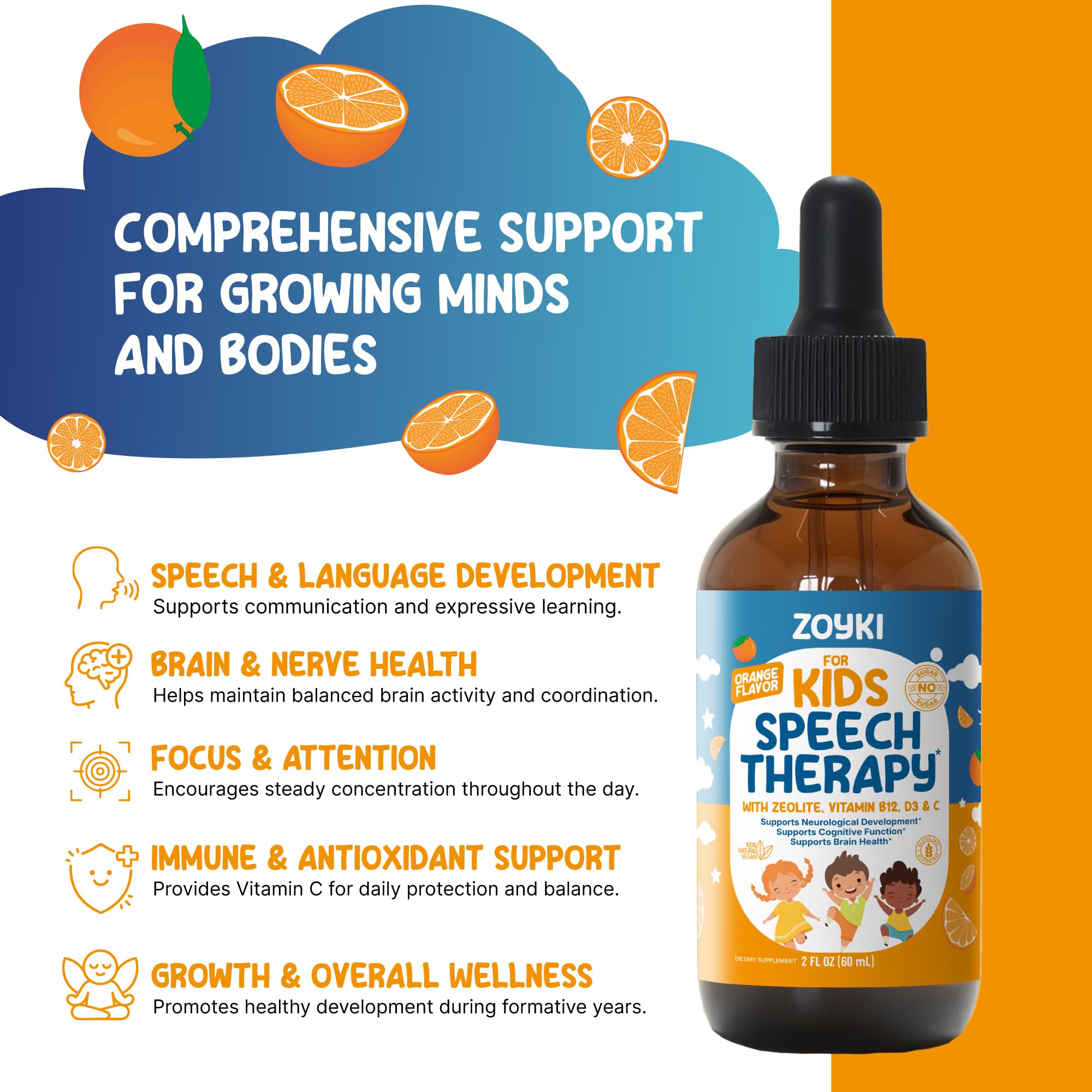 Zoyki Speech Therapy Drops for Kids - Speech Support Supplement for Communication Delay Cognitive Function Language & Brain Development with Zeolite Vitamins B12 D3 C - Sugar Free Gluten-Free Vegan Zoyki uk supplements