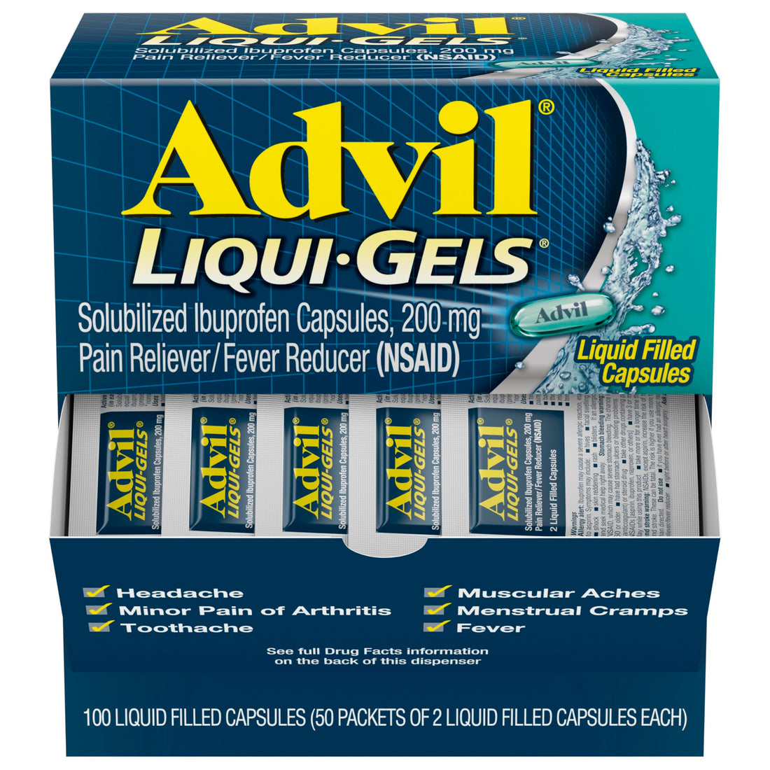 Advil Liqui-Gels Pain Reliever and Fever Reducer, Pain Medicine for Adults with Ibuprofen 200mg for Headache, Backache, Menstrual Pain and Joint Pain Relief - 50x2 Liquid Filled Capsules Advil uk supplements