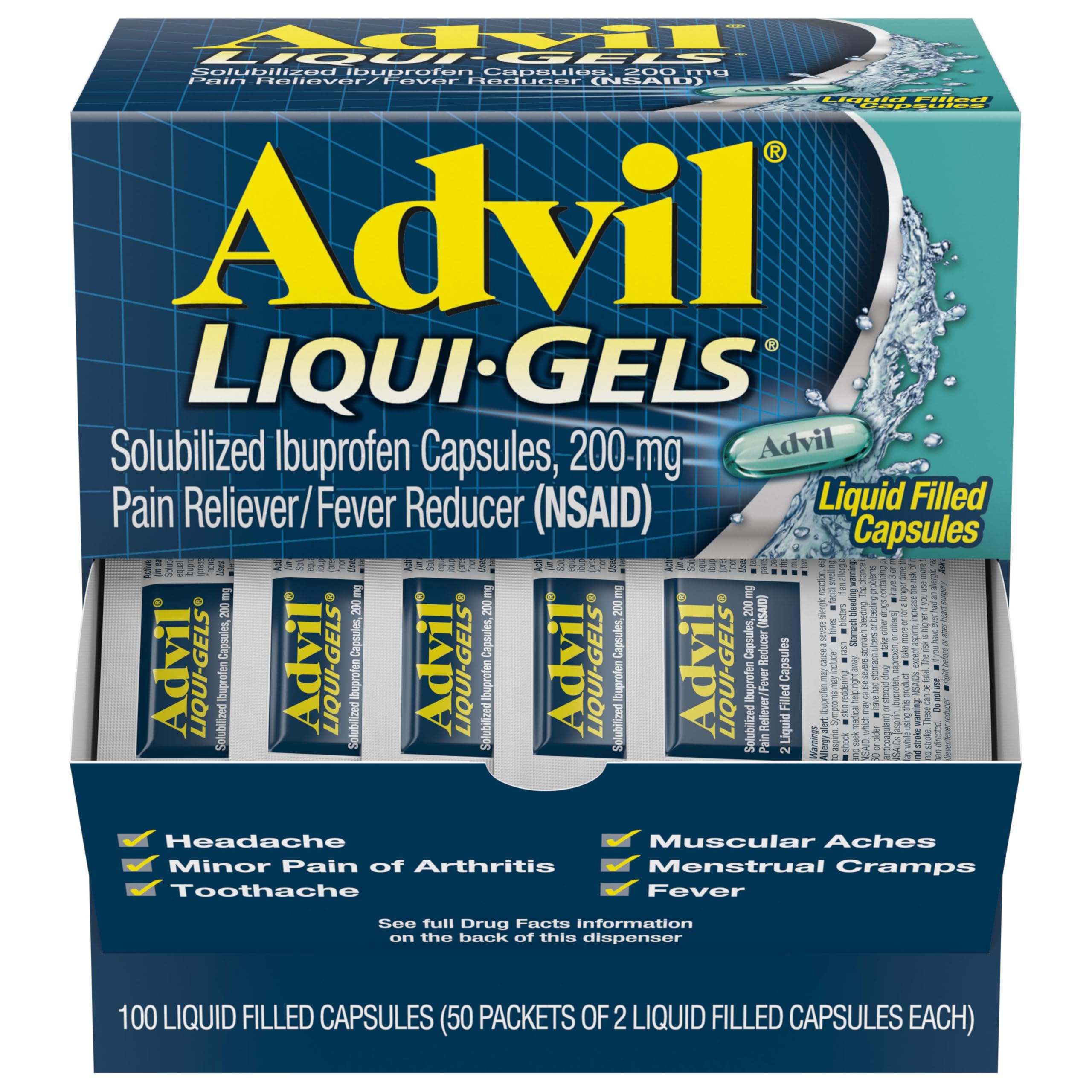 Advil Liqui-Gels Pain Reliever and Fever Reducer, Pain Medicine for Adults with Ibuprofen 200mg for Headache, Backache, Menstrual Pain and Joint Pain Relief - 50x2 Liquid Filled Capsules Advil uk supplements