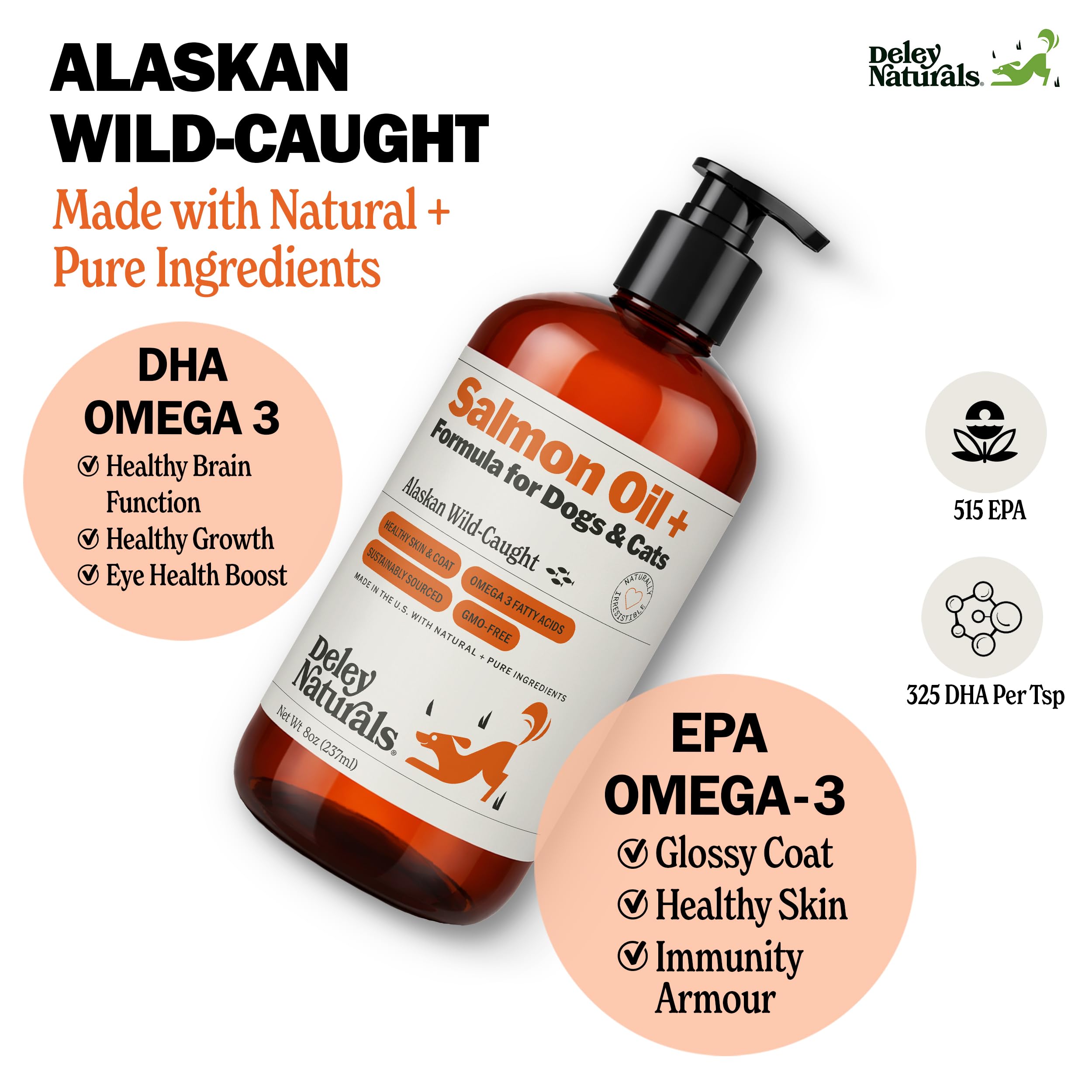 Deley Naturals Wild Alaskan Salmon Oil for Dogs & Cats - New and Improved Salmon Oil Plus Formula - Fish Oil for Dogs with Omega 3, DHA and EPA - Omega 3 for Healthy Skin and Coat - 8oz Made in USA Deley Naturals uk supplements