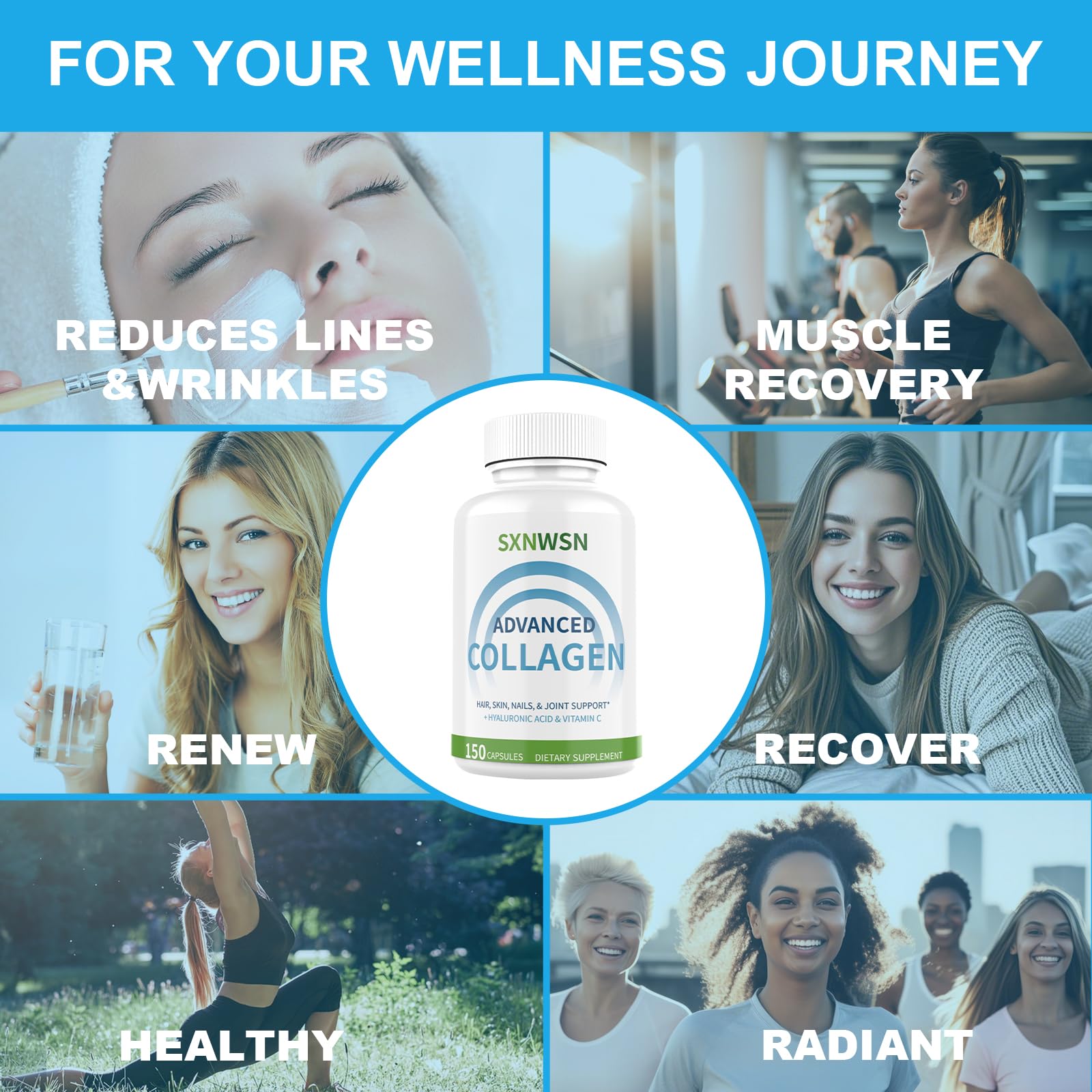 Advanced Multi Collagen Supplement with Vitamin C + Hyaluronic Acid - Hydrolyzed Collagen Peptides Supports for Skin, Joints & Hair* | Collagen Complex 150 Capsules for Women or Men SXNWSN uk supplements