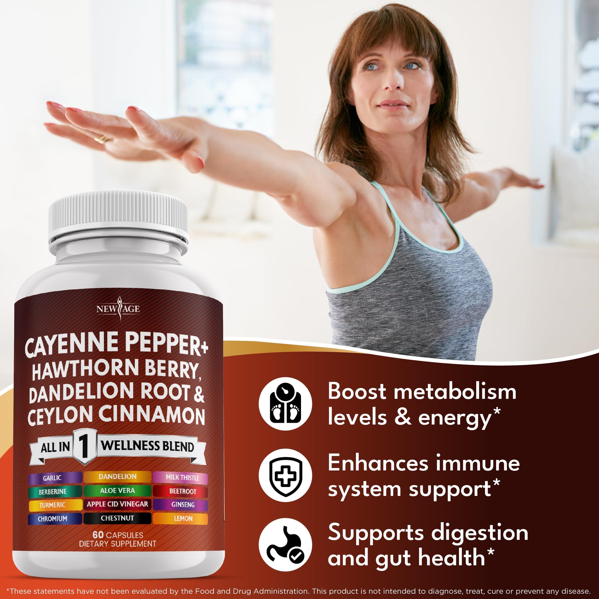 NEW AGE Cayenne Pepper Capsules Supplement with Hawthorn Berry, Dandelion Root, Ceylon Cinnamon, Garlic, Ginger, ACV, Milk Thistle, Beet Root, Aloe Vera - 120 Count NEW AGE uk supplements