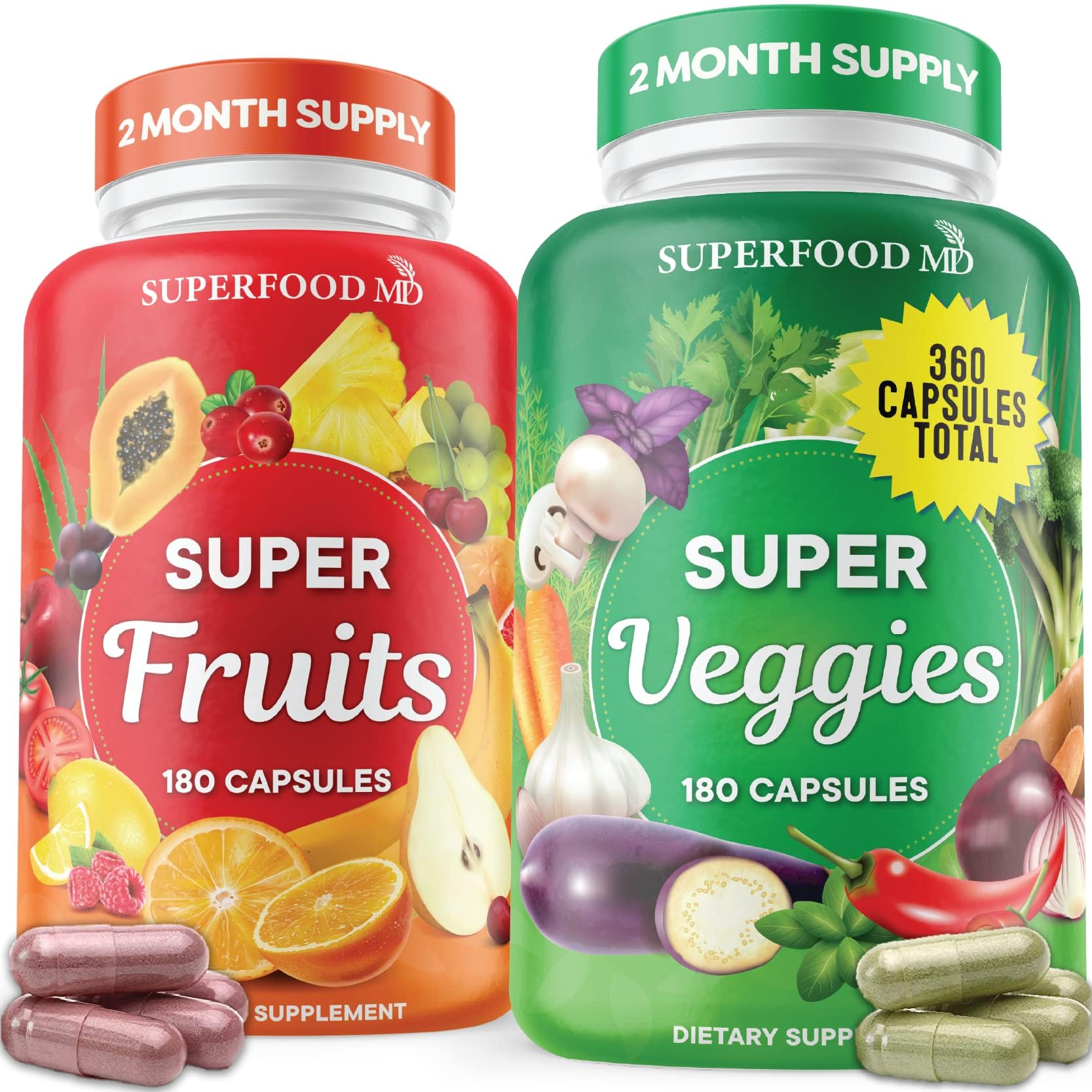 Superfood Fruit and Veggie Supplement - 360 Whole Super Fruit and Vegetable Supplements & Vitamin with Beta-Carotene, Soy Free- 180 Count (Pack of 2) Superfood MD uk supplements