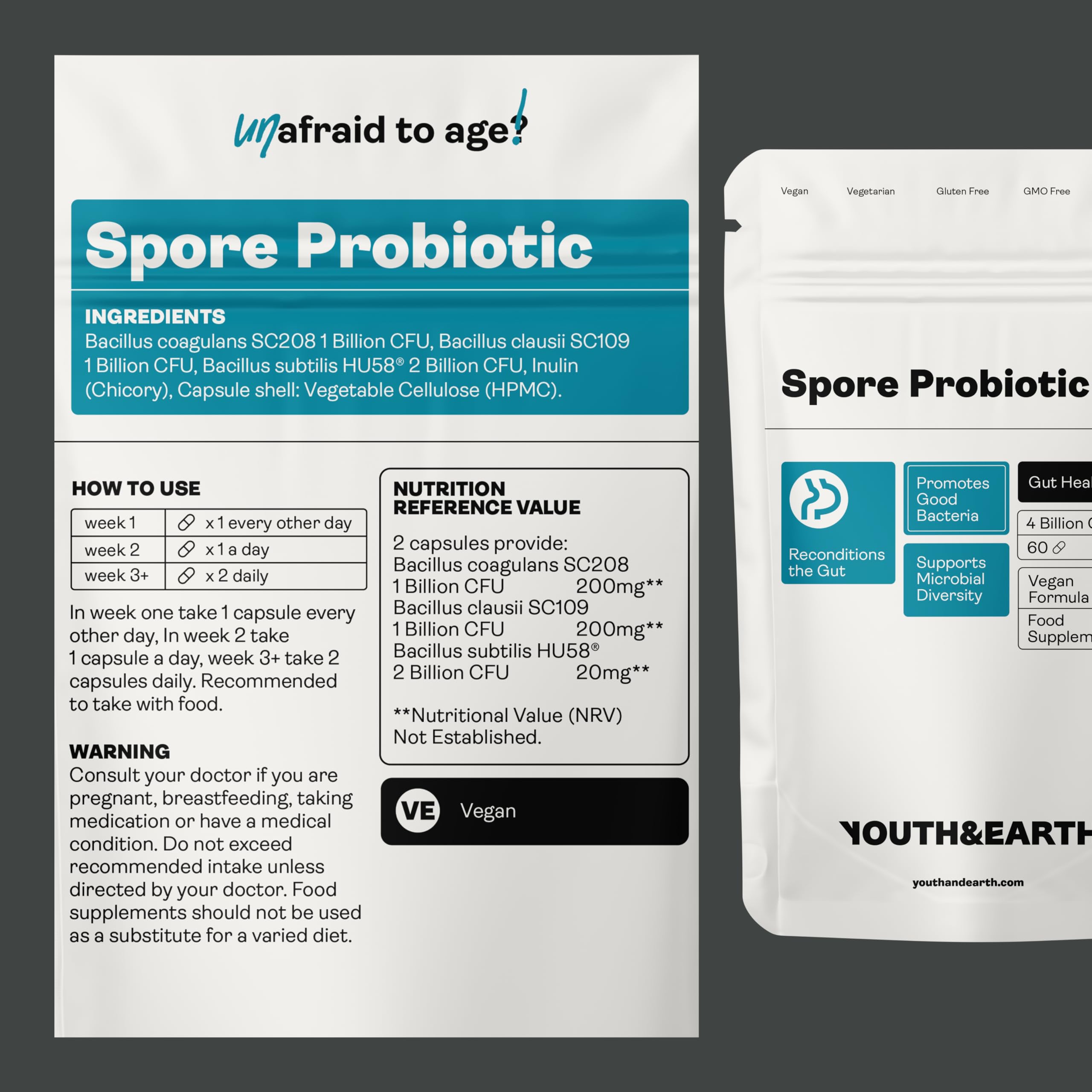Youth & Earth Spore Probiotics 4 Billion CFU Count - Probiotics for Gut Health & Immune Support | Gut Health Supplements for Digestive Health | 60 Capsules Youth & Earth uk supplements