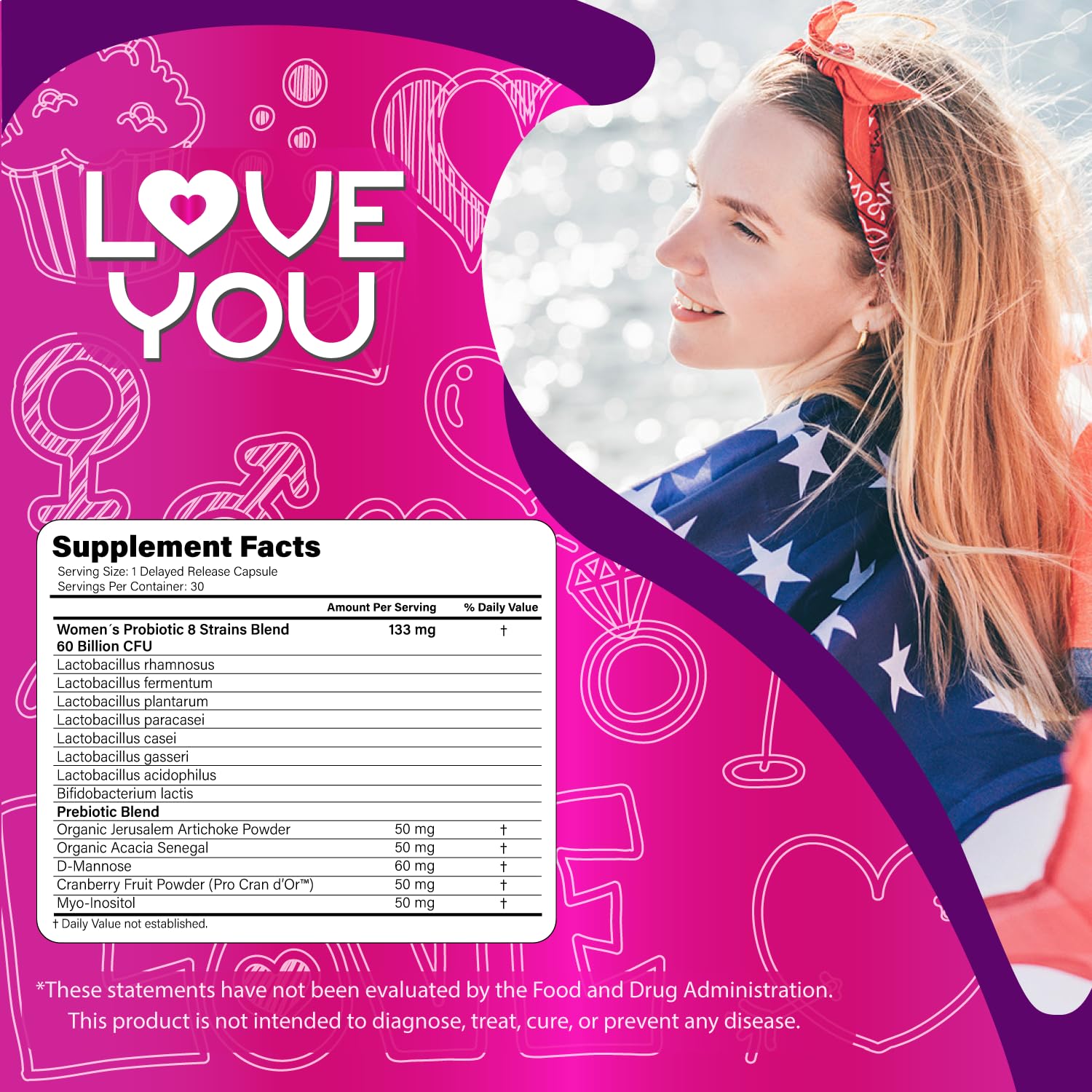 Love You Womens Probiotic, Ph Balance, Ut, Feminine, Vaginal Health Supplement, Digestive, Pre + Pro + Postbiotic, Delayed Release, 60 Billion Live CFU, 8-Strain Probiotic Blend, 30 Veg Caps Servings Love You uk supplements