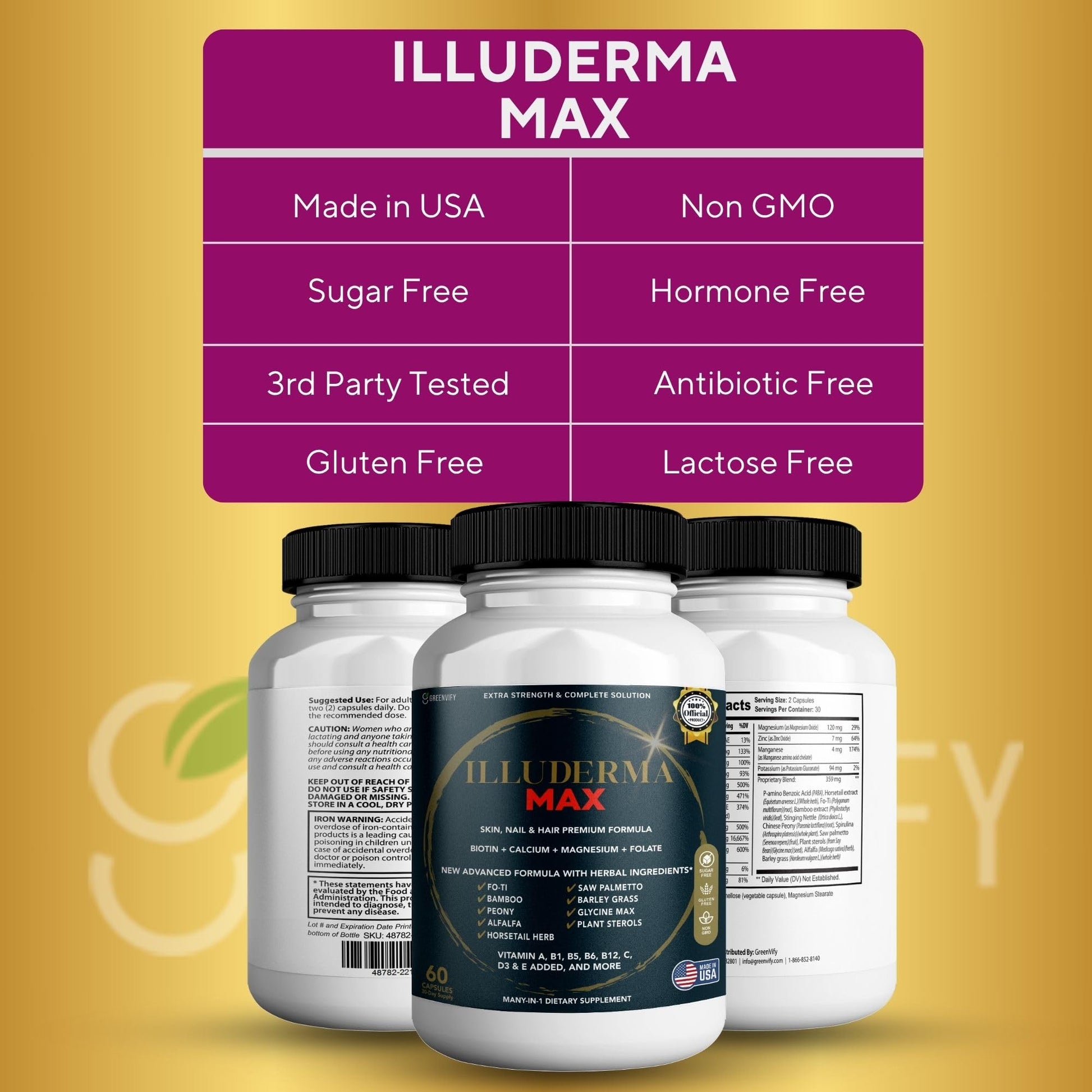GREENVIFY Illuderma Max Hair, Skin and Nail Supplement, 60 Capsules, with Biotin 5000mcg, Vitamins and Herbal Blend (1) GREENVIFY uk supplements