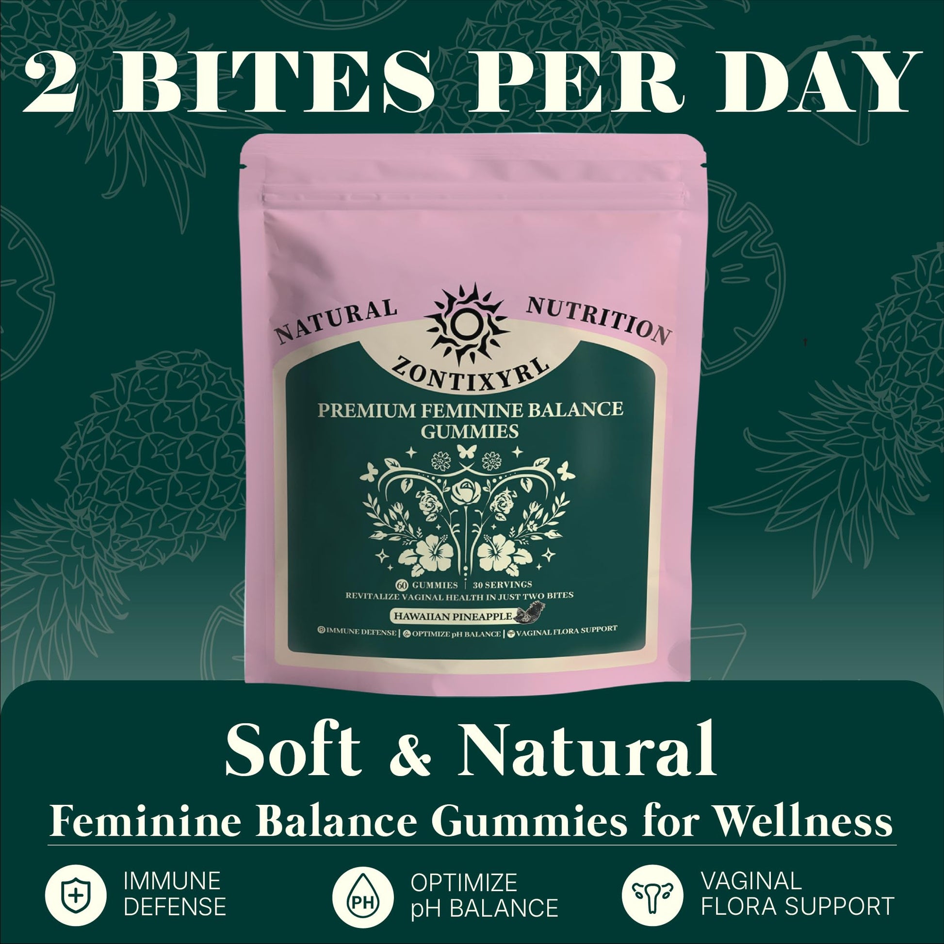 Zontixyrl Premium Feminine Balance Gummies Women - Pineapple Gummies for Women pH Probiotic and Immune Support Vegan Gluten Free 60 Gummies 30 Servings Zontixyrl uk supplements