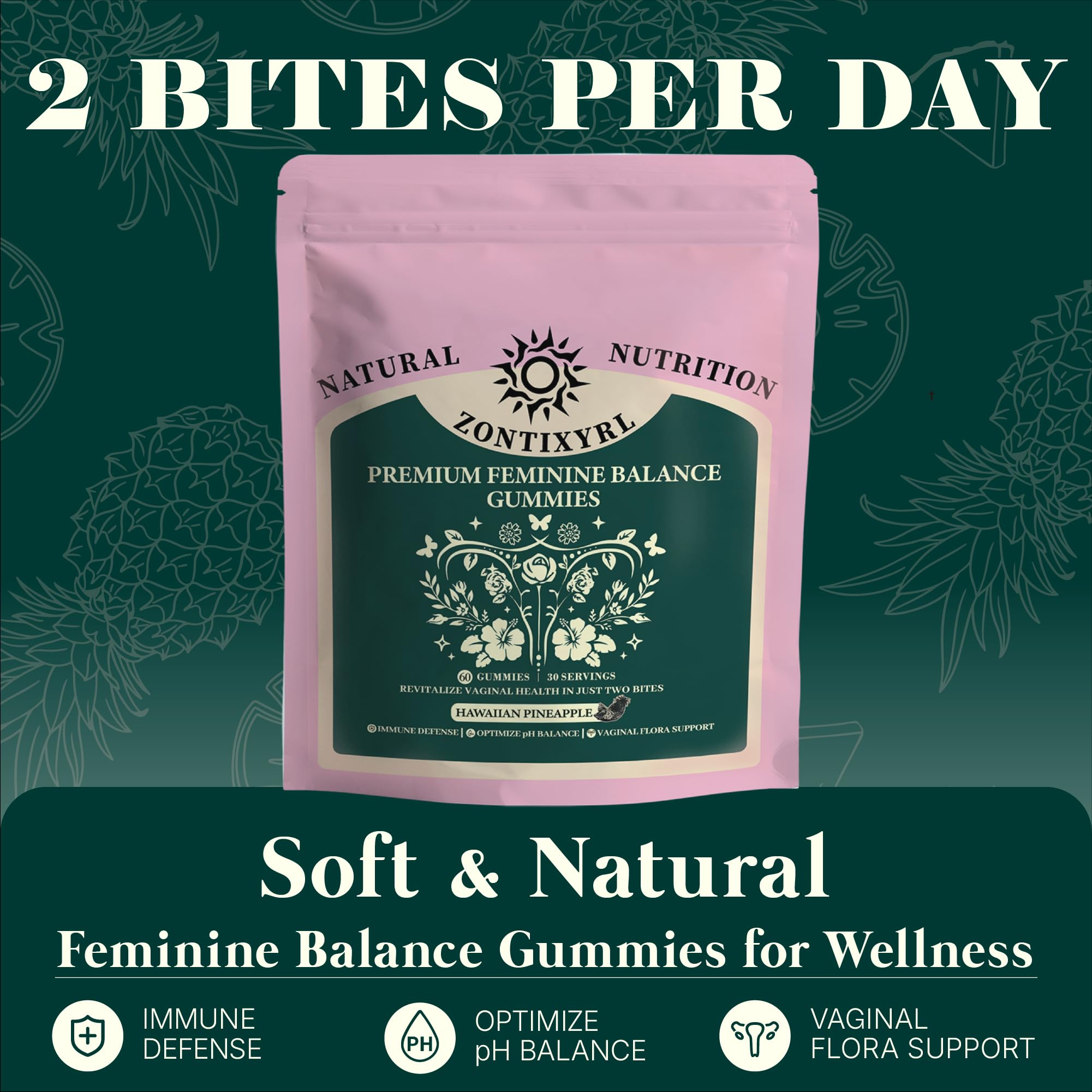 Zontixyrl Premium Feminine Balance Gummies Women - Pineapple Gummies for Women pH Probiotic and Immune Support Vegan Gluten Free 60 Gummies 30 Servings Zontixyrl uk supplements