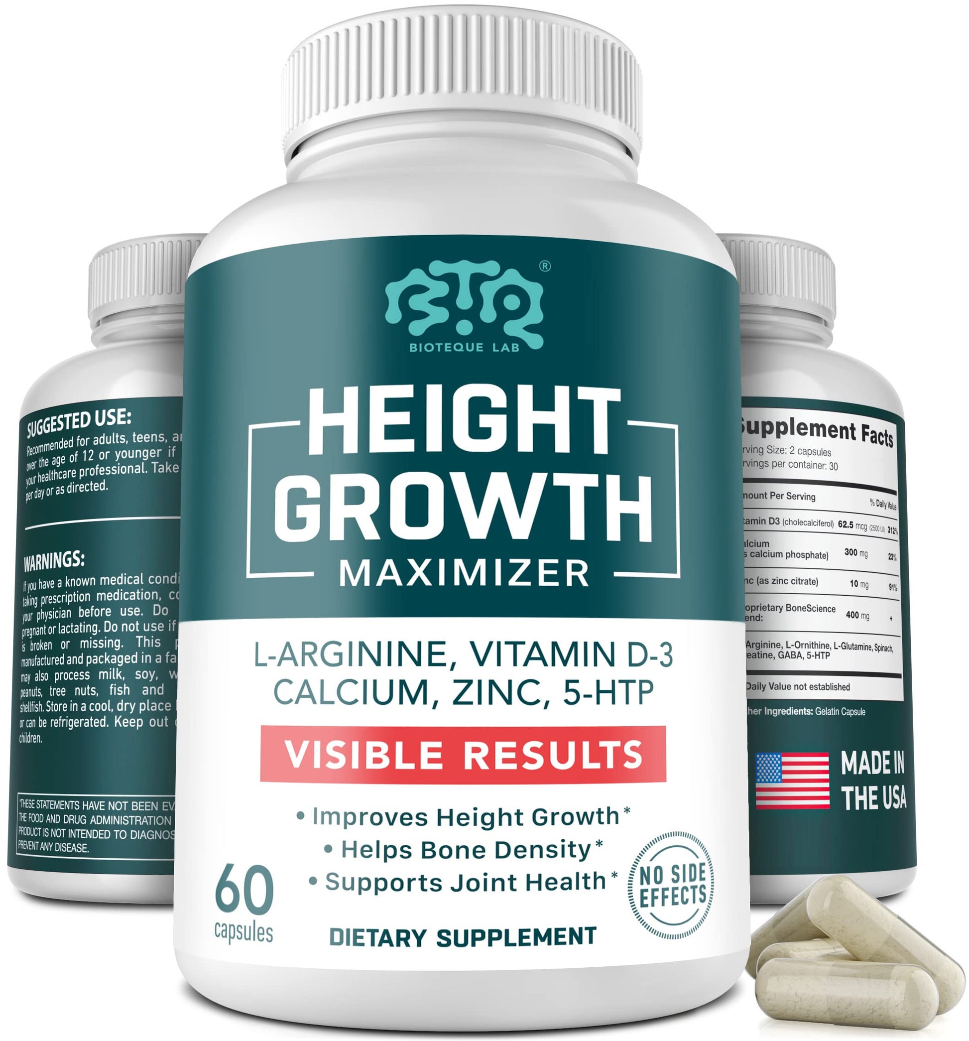 BIOTEQUELAB Height Growth Maximizer, Calcium, Vitamin D3 and Zinc Blend Pills, Bone Growth Supplement for Kids and Teens, Bone Strength, Density Support, GMO-Free, Gluten-Free, Made in USA, 60 Caps BTQ BIOTEQUE LAB uk supplements