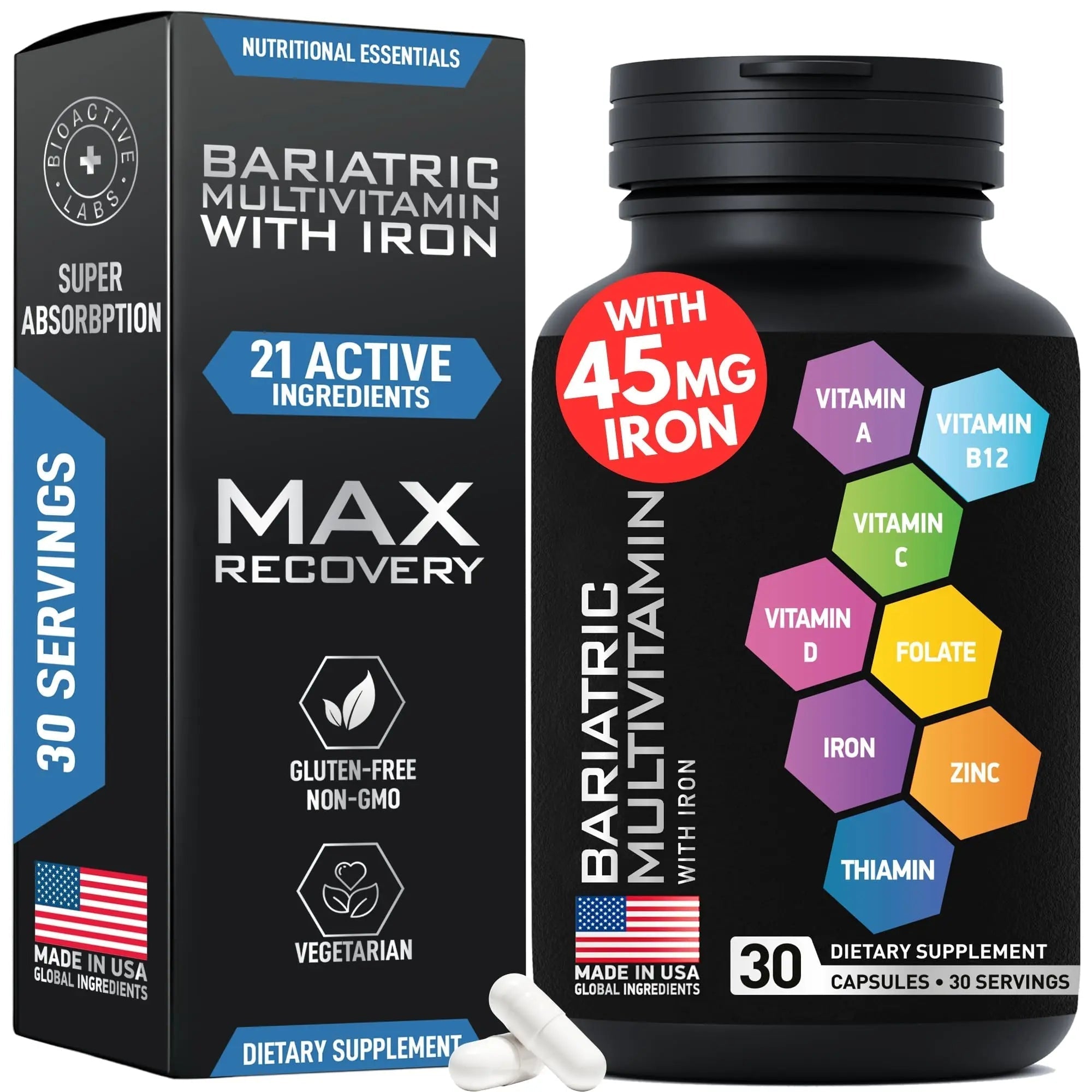 Bariatric Multivitamin with Iron 45mg for Women & Men - 21-in-1 Essential Post Gastric Bypass and Gastric Sleeve Vitamins A,C,D,E, B Complex BIOACTIVE LABS uk supplements