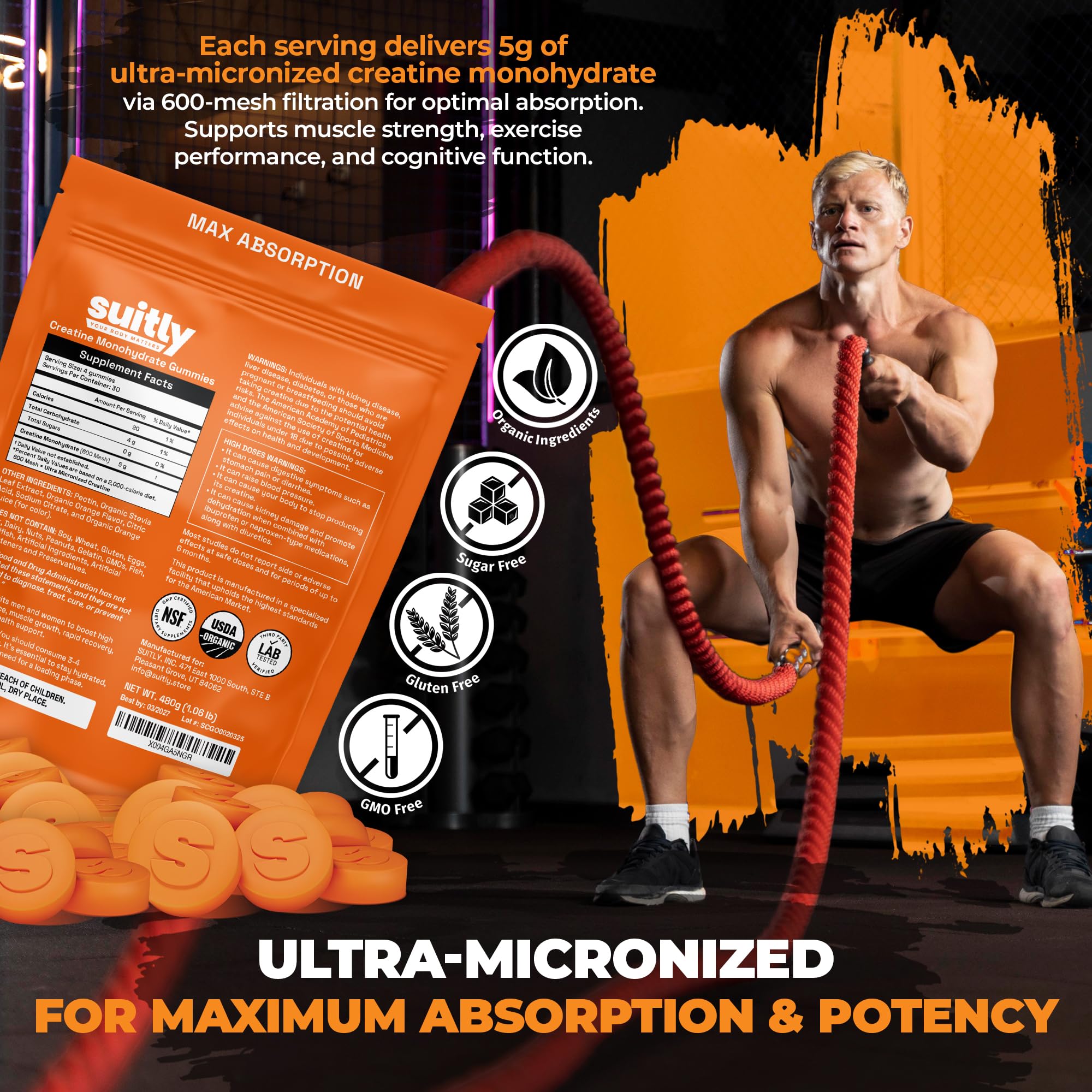 USDA Organic Ultra-Micronized Creatine Gummies for Men & Women; Orange Max Absorption 5g Creatine Gummies Sugar Free for Muscle Gain, Energy & Recovery; Muscle Builder for Women with Pouch - 120 Count Suitly uk supplements