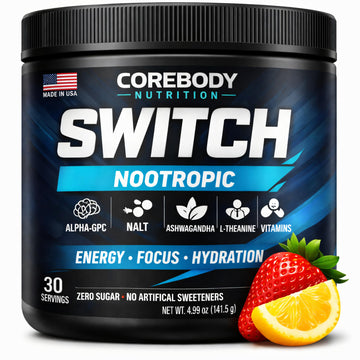 Switch, Brain Boosting Nootropic Energy Supplement Powder - Made in USA - Alpha GPC, NALT, Ashwagandha, Sugar Free Energy, Keto, Increase Mental Focus & Cognitive Function, Enhances Mood & Memory CoreBody Nutrition uk supplements