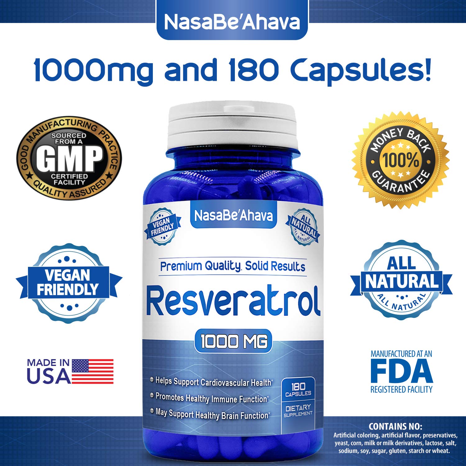 NASA Beahava 100% Pure Resveratrol - 1000mg Per Serving Max Strength (180 Capsules) NasaBeahava uk supplements