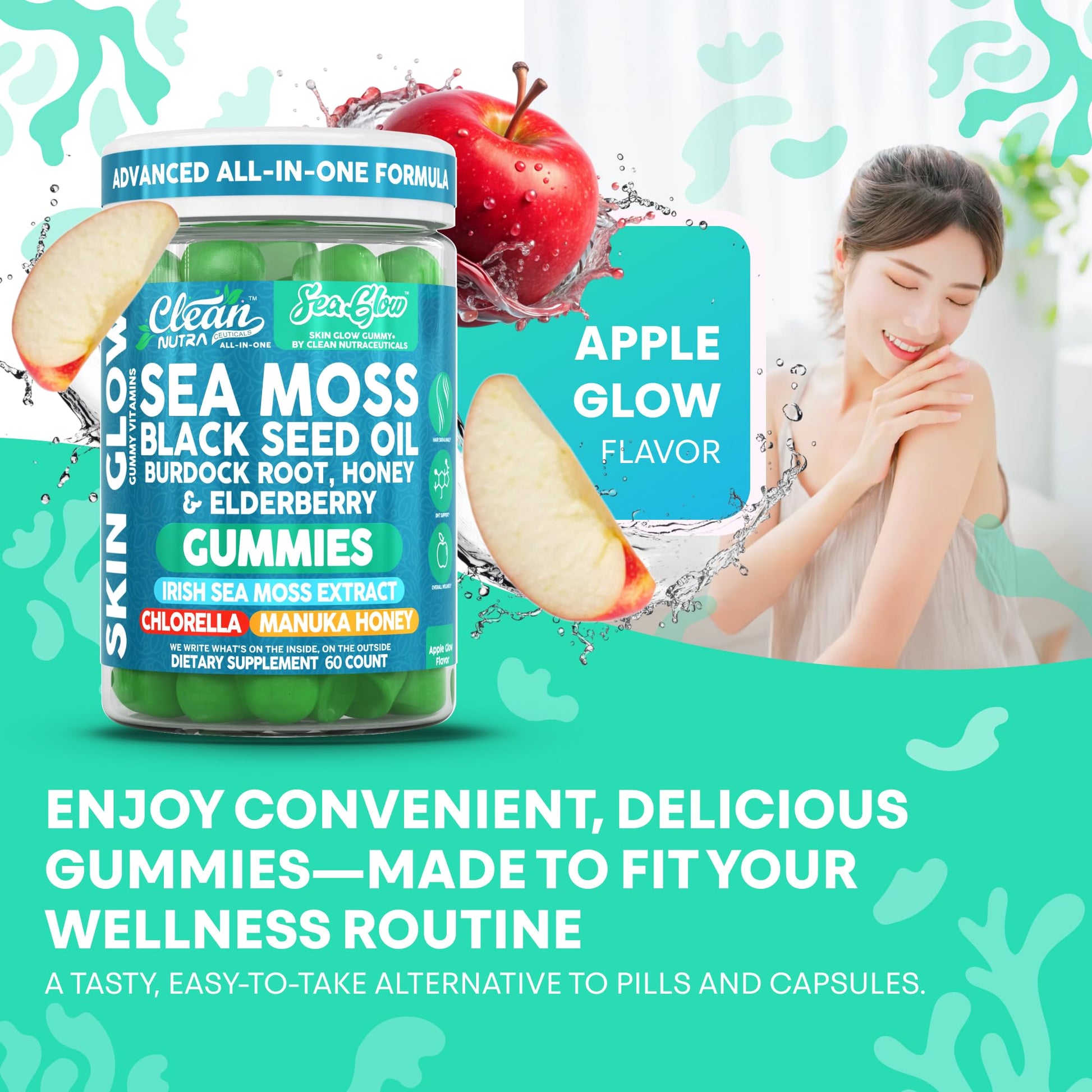 Clean Nutra Sea Moss Gummies Black Seed Oil Chlorella Ashwagandha Root Hair Growth Skin Glow Irish Sea Moss Elderberry Burdock Manuka Honey Trace Minerals Detox 60 Gummy Vitamins Sea Glow Supplement Clean Nutraceuticals uk supplements