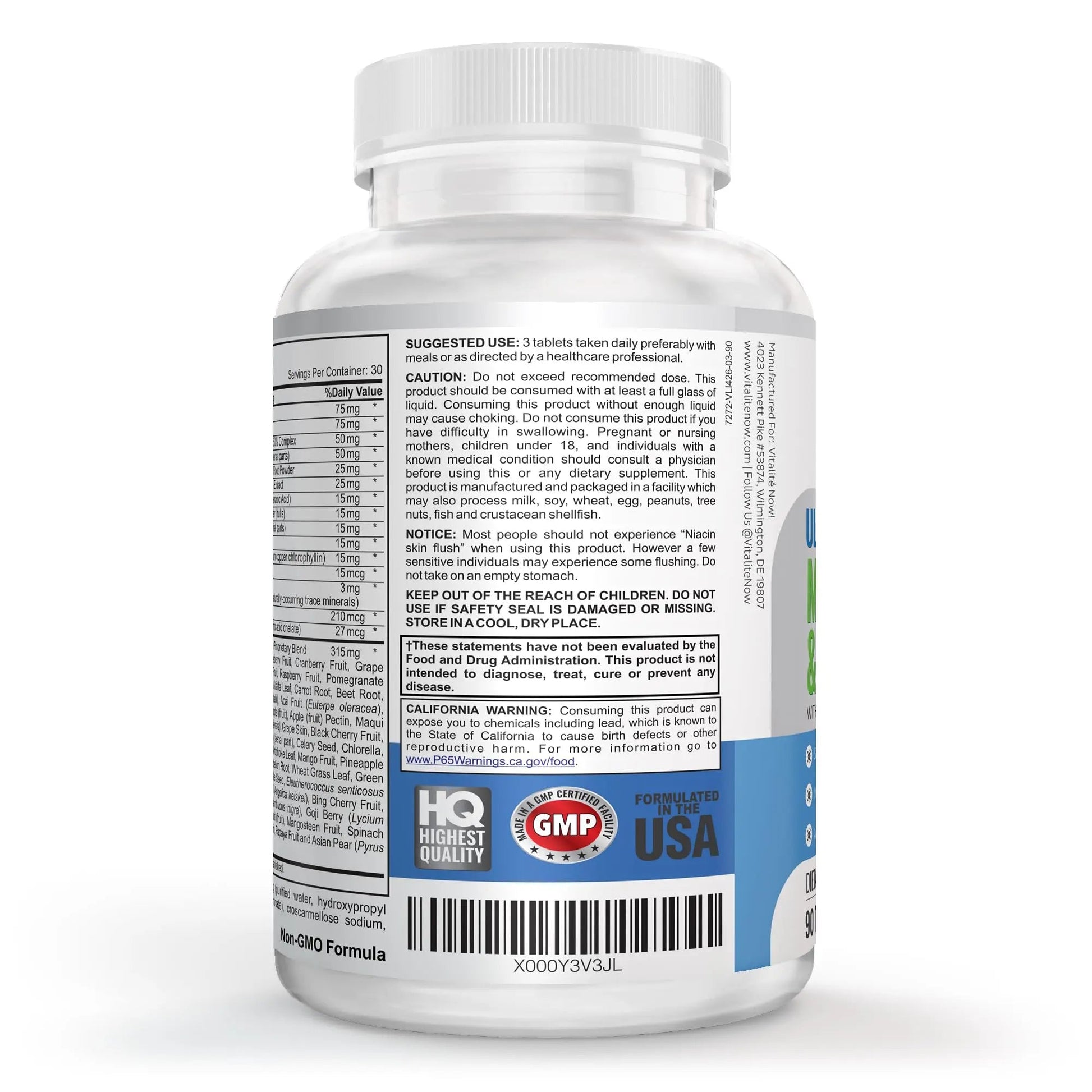 Vegan Whole Food Multivitamin & Mineral - Vitamins A B1 B2 B6 B12 C D3 E & 110 Super Foods, Herbs, Greens & Reds Vitalité Now! uk supplements