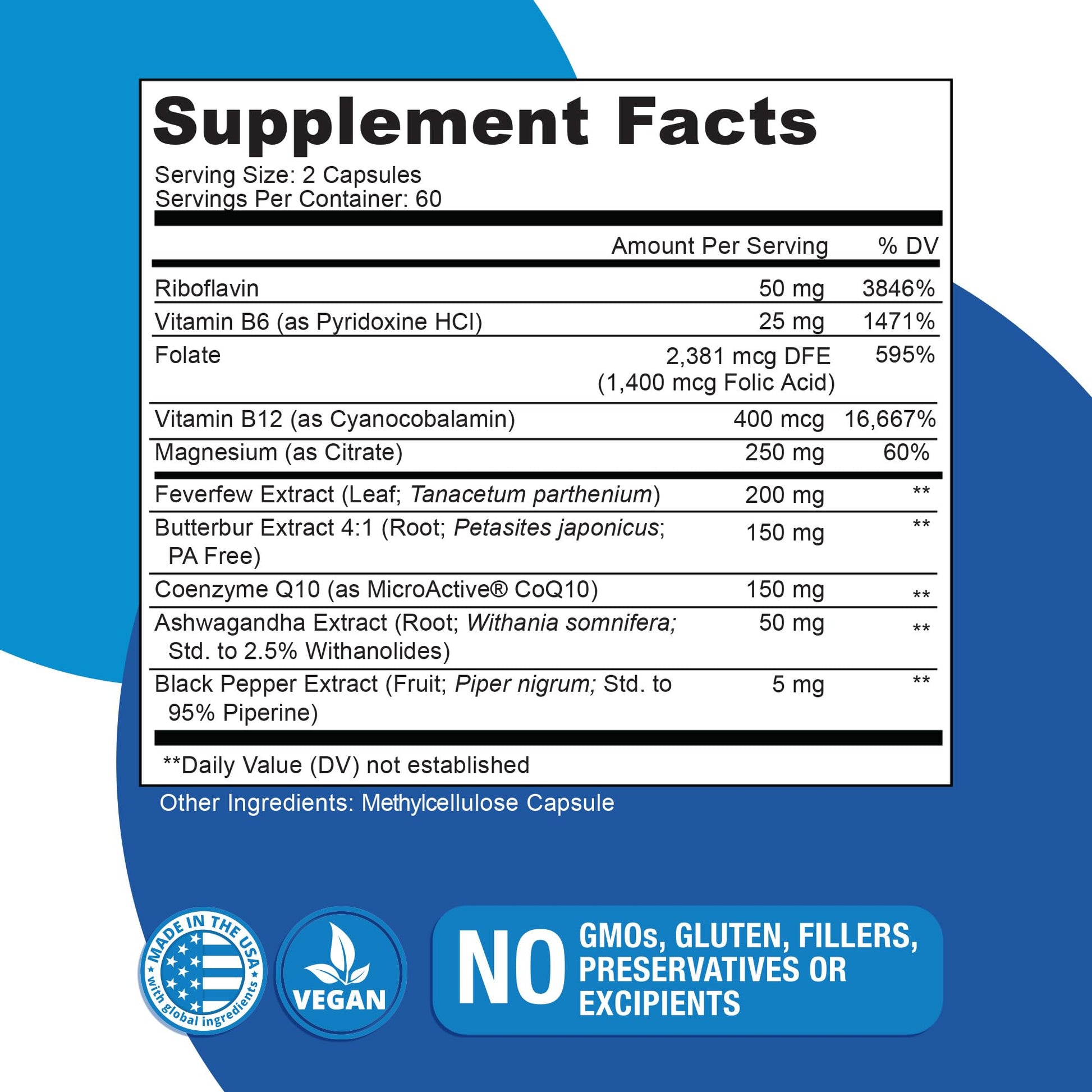 Migratone Migraine Relief Nutritional Support Supplement - with Magnesium, Riboflavin Vitamin B2, B6 & B12, Microactive Coq10, Feverfew, PA-Free Butterbur, and Folate - Clinically Preferred Blend Naticura uk supplements