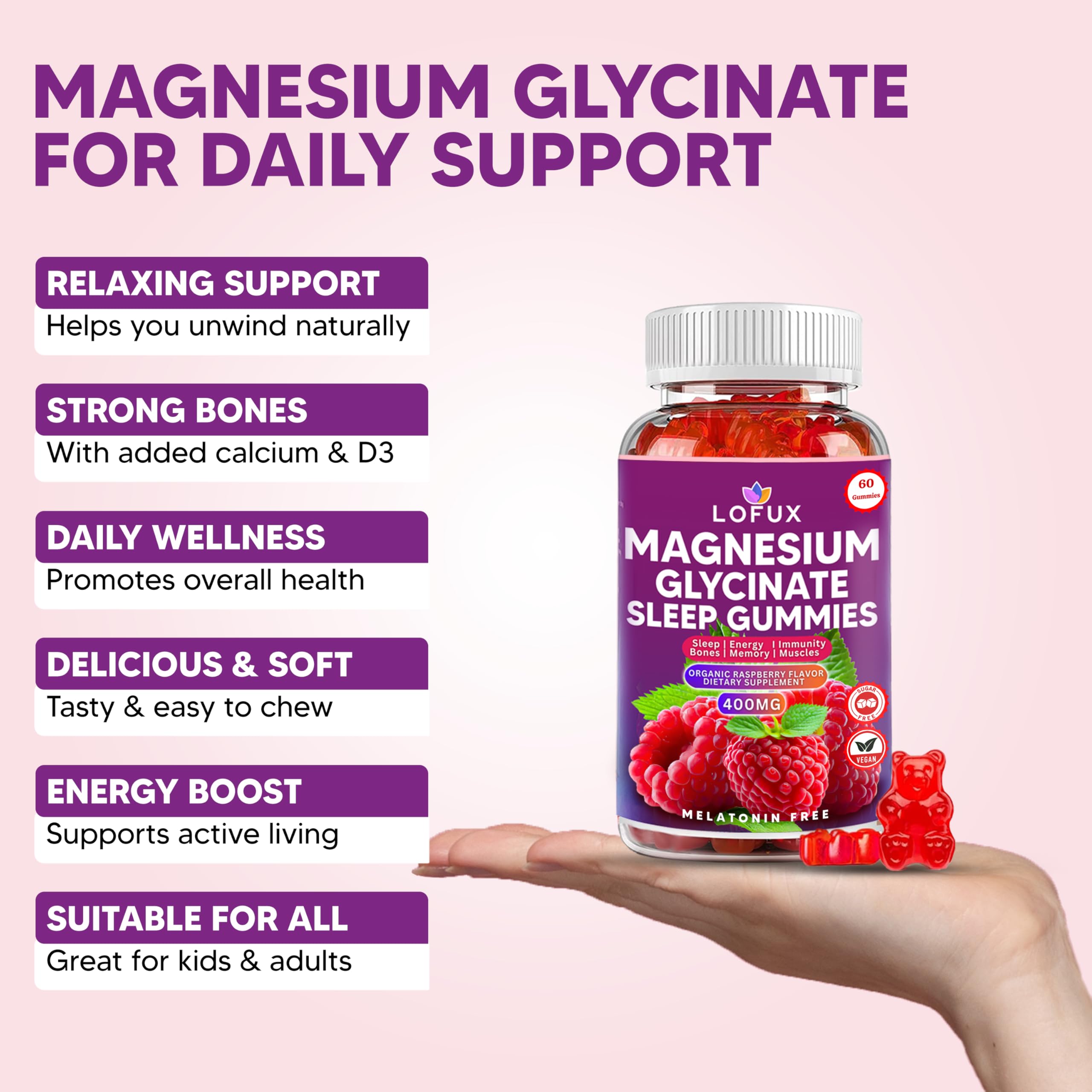 Lofux Magnesium Glycinate Gummies 400mg, Sugar Free Magnesium Gummies for Adults Women, Men, Chewable Supplement Gummy with L-Threonate, Vitamin D, B6, CoQ10 - for Calm, Sleep, Body Relaxation, 120 Ct Lofux uk supplements