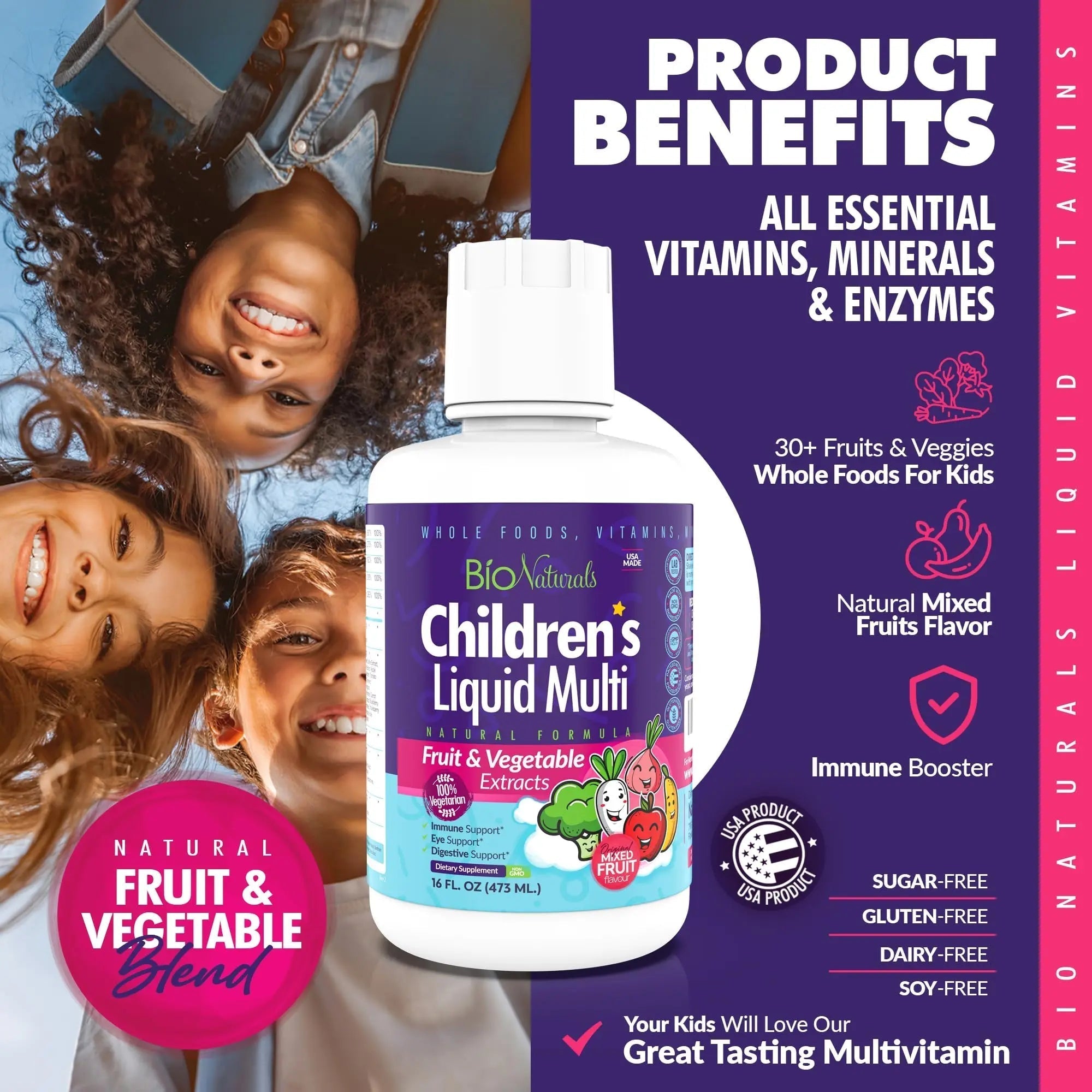 Bio Naturals Children's Liquid Multivitamin & Immune Booster - Natural Supplement for Kids & Toddlers with Vitamins A B C D3 E, Fiber Bio Naturals uk supplements
