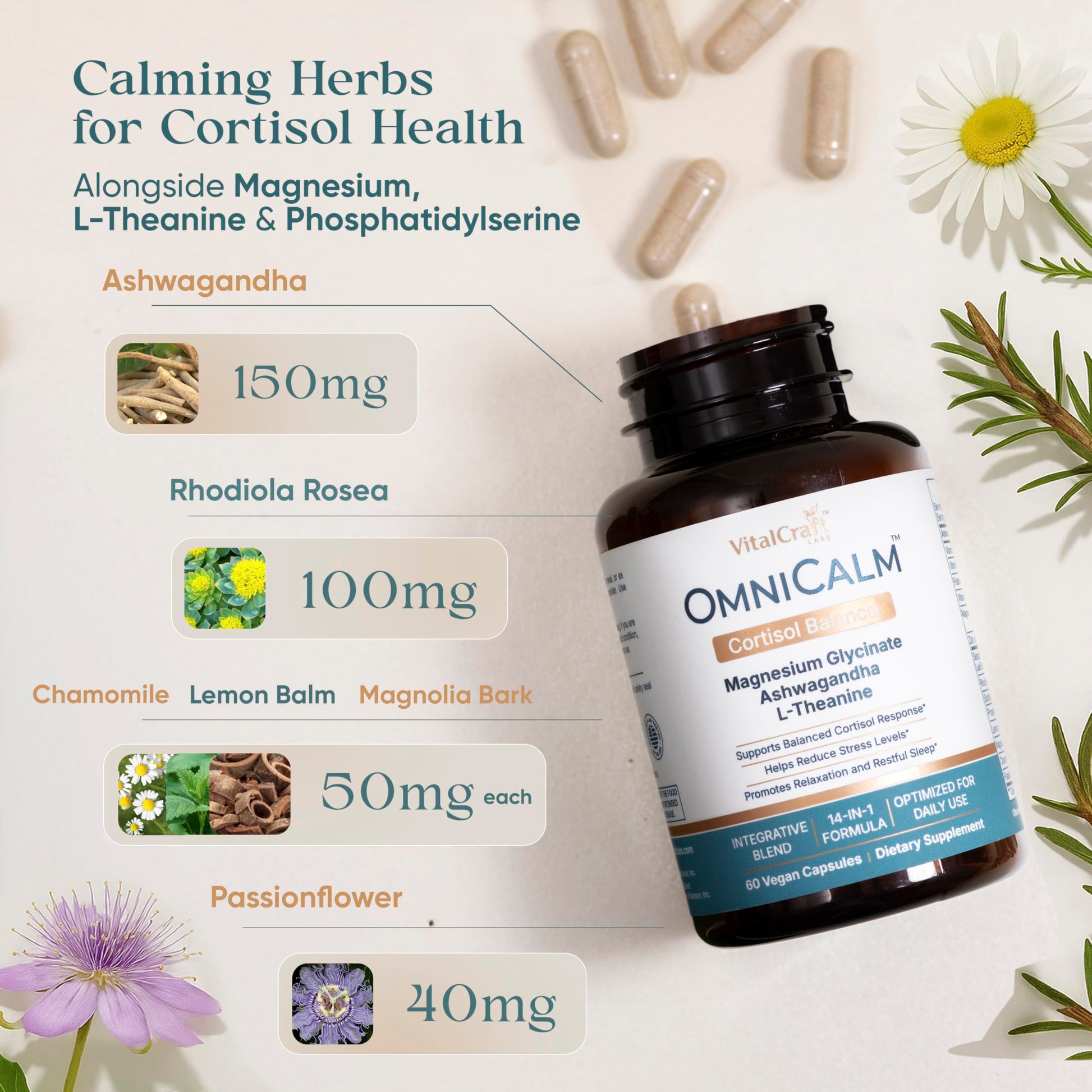 VITALCRAFT LABS OmniCalm Cortisol Supplements for Women & Men | Stress Relief & Sleep Support with Magnesium & Ashwagandha, L Theanine | 14-in-1 Cortisol Reducer, Manager, Detox – USA VITALCRAFT LABS uk supplements