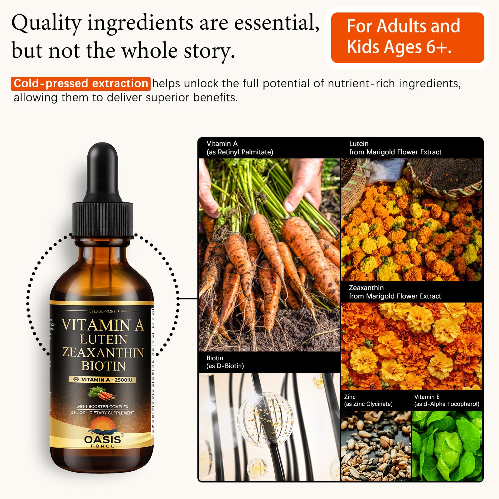 OASIS FORCE 6 in 1 Vitamin A Liquid Drops with Lutein & Zeaxanthin, Vita A Retinyl Palmitate for Skin, Vision & Immune Support, Adults & Kids Ages 6+, Vegan, Non-GMO, 2 Fl Oz OASIS FORCE uk supplements