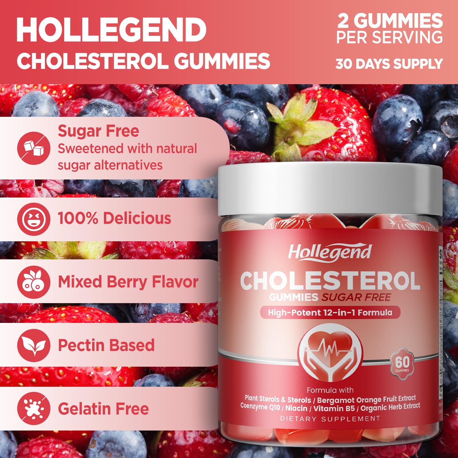 HOLLEGEND Cholesterol Supplements Gummies Sugar Free, 1500mg Plant Sterols for Cholesterol Health, Plus Citrus Bergamot, CoQ10 & Vitamins for Heart Health, Vegan, Mixed Berry Flavor, 60 Chewables HOLLEGEND uk supplements