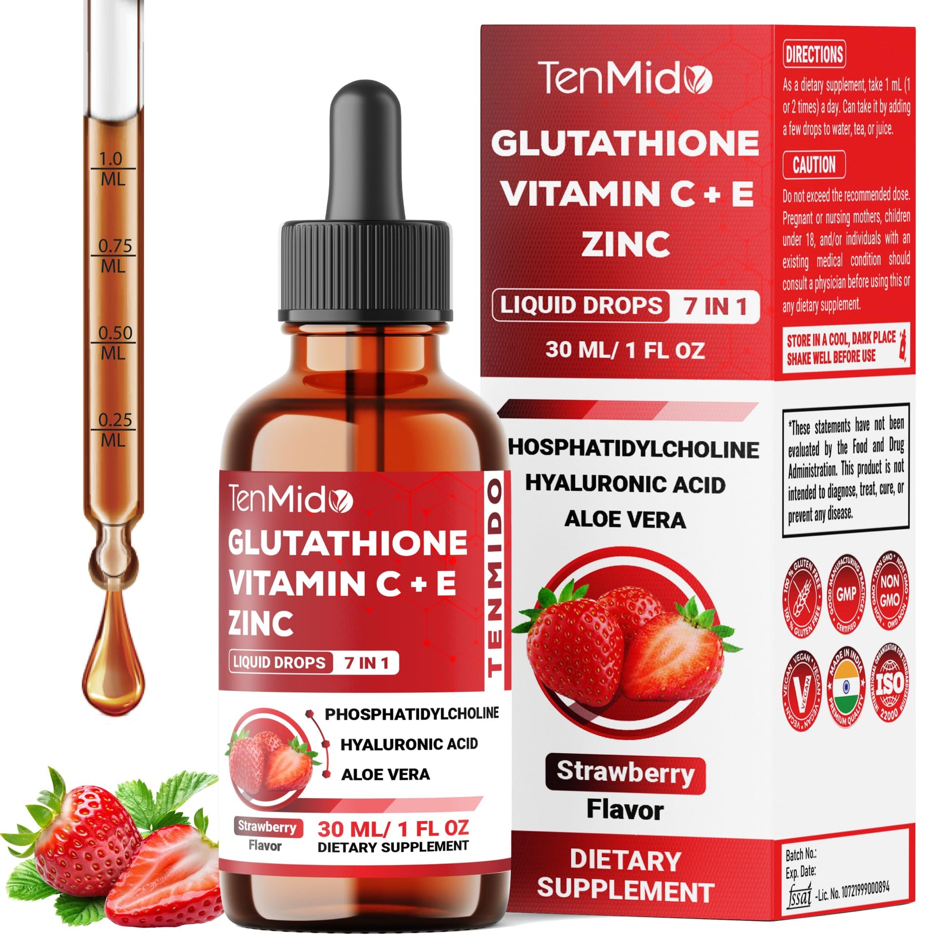 Tenmido Liposomal Glutathione Supplement - 7in1 Liquid Drops with Zinc, Vitamin C, Vitamin E, Phosphatidylcholine, Hyaluronic Acid, and Aloe Vera - Vegan, Non-GMO - 30ml 1 Fl Oz Tenmido uk supplements
