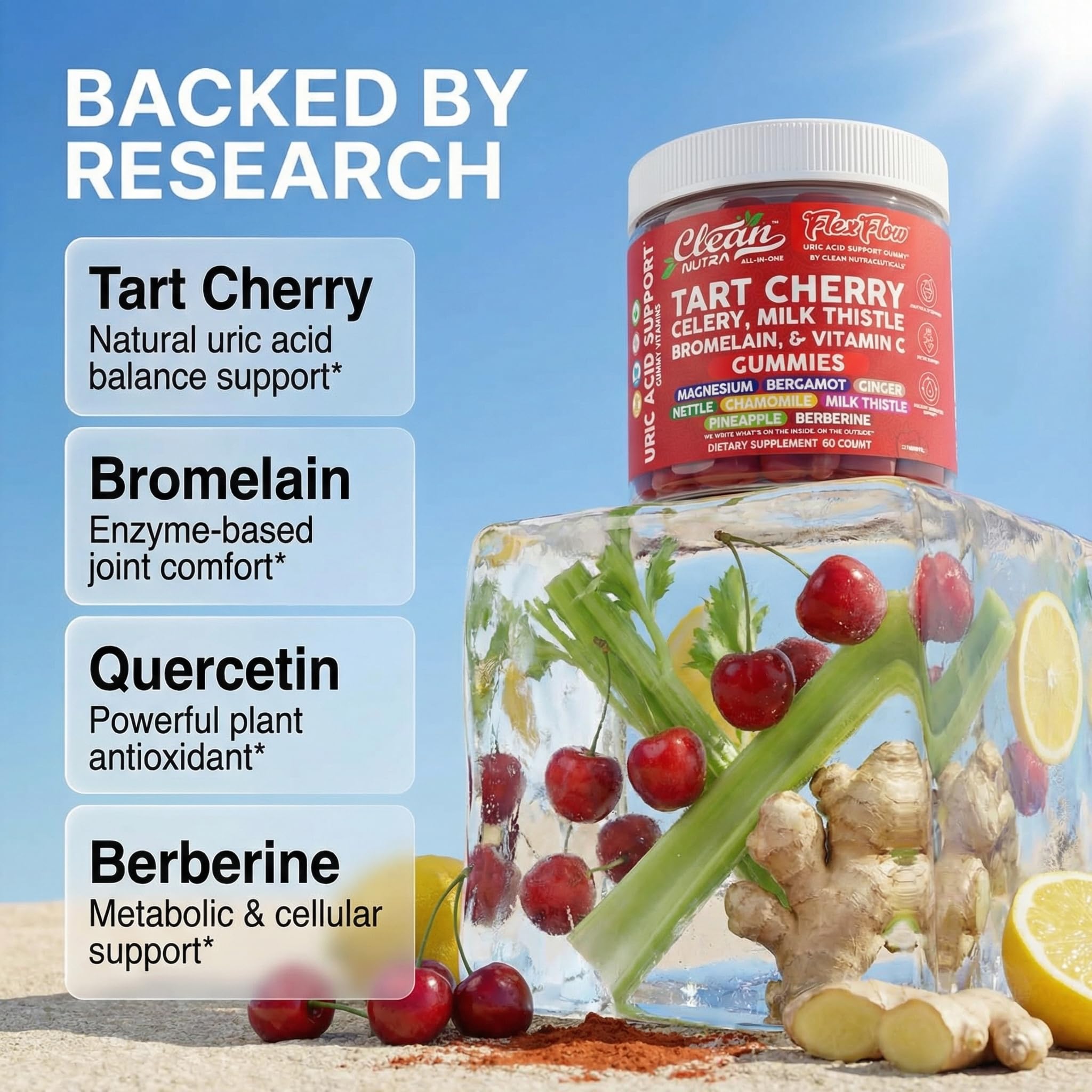 Clean Nutra Tart Cherry Gummies Uric Acid Flush Celery Milk Thistle Bromelain Vitamin C Magnesium Citrus Bergamot Ginger Stinging Nettle Leaf Chamomile Berberine Quercetin Support 60 Gummy Vitamins Clean Nutraceuticals uk supplements
