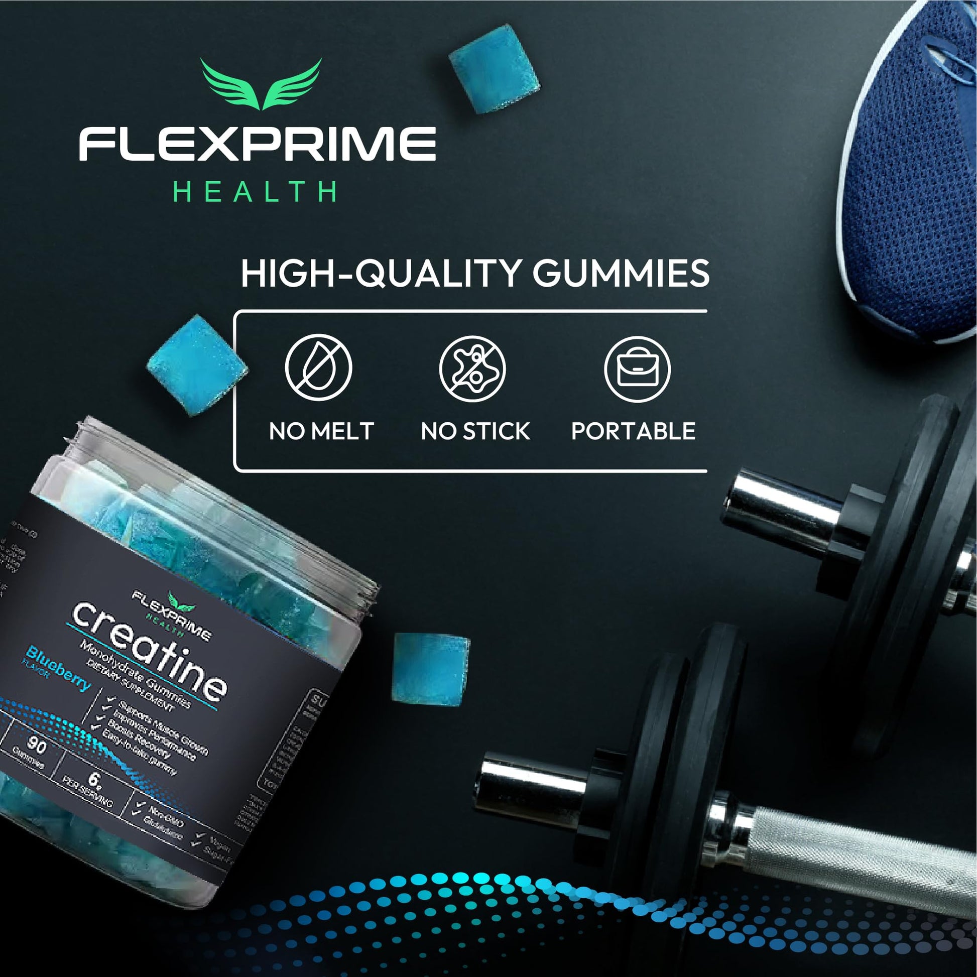 FlexPrime Creatine Gummies Sugar Free - 6g Creatine Monohydrate + L-Taurine, Alpha GPC, Betaine | Vegan Halal Blueberry Chews for Lean Muscle, Strength, Brain Health | Men Women 90 Count FlexPrime uk supplements