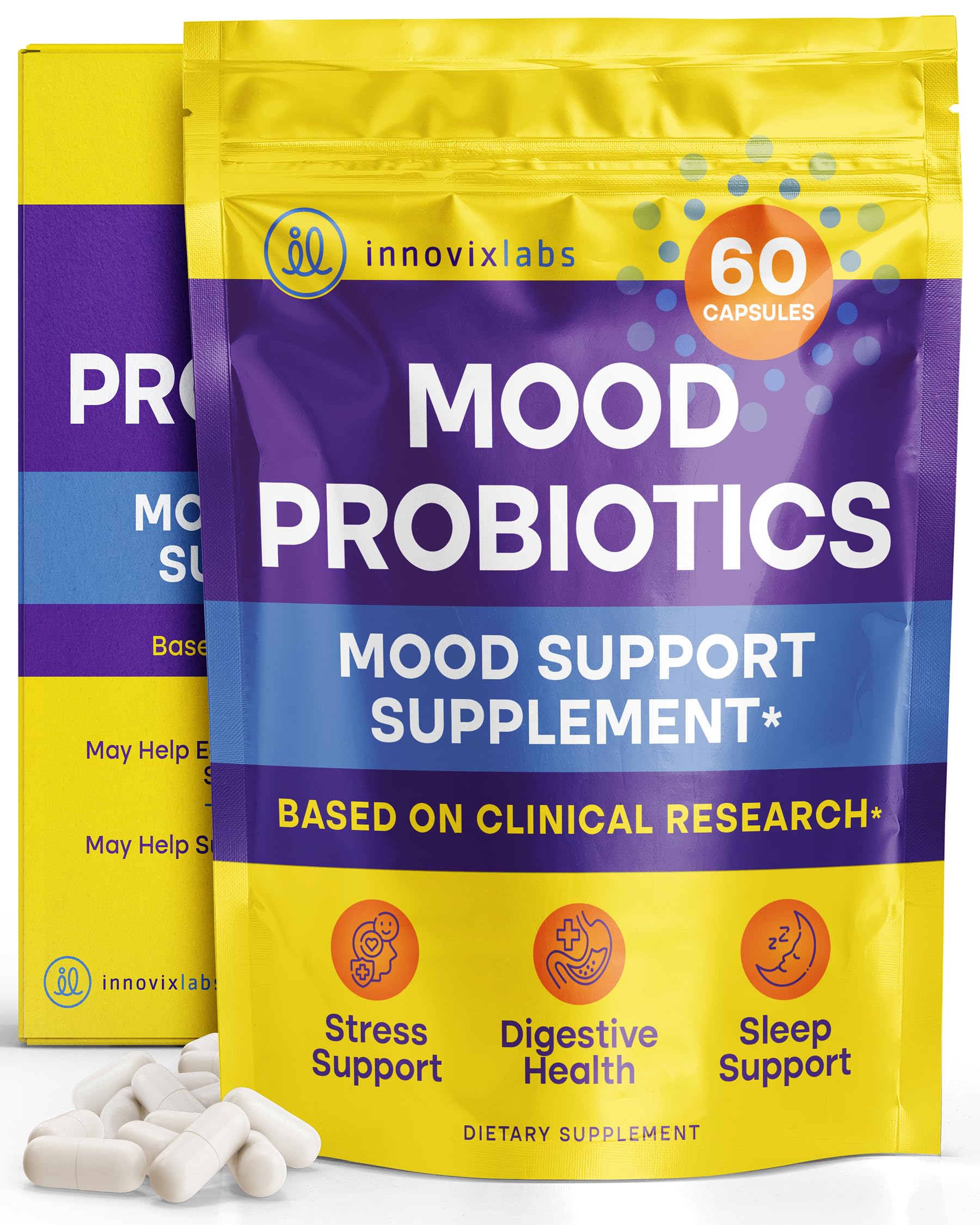 InnovixLabs Mood Probiotic for Women & Men, Clinically Studied Digestive & Mood Support Supplement, Lactobacillus helveticus Rosell-52ND & Bifidobacterium longum Rosell-175, 60 Capsules InnovixLabs uk supplements