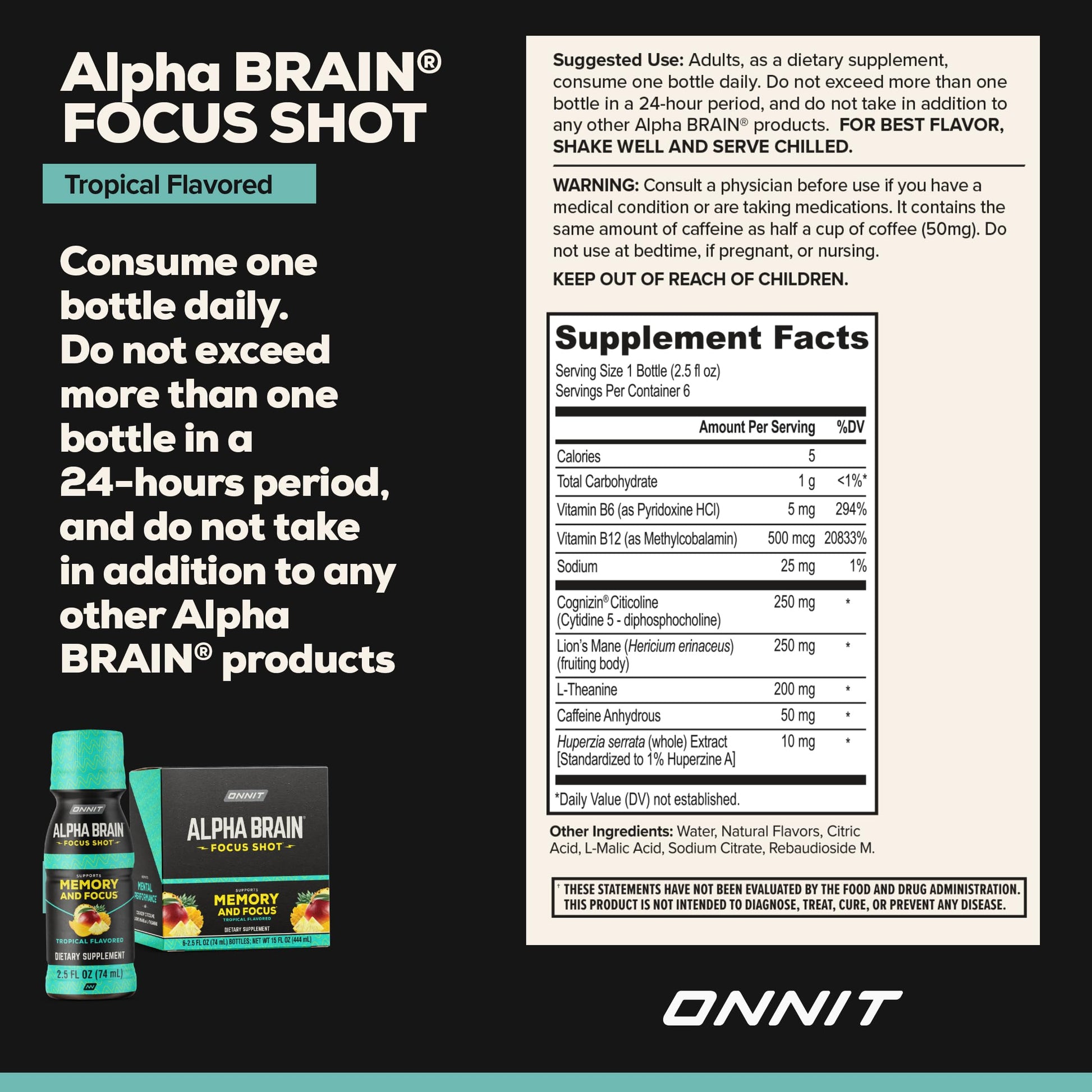 ONNIT Alpha Brain Focus Shot, Tropical Flavor, Nootropic Dietary Supplement Drink That Supports Energy, Focus, and Mood, IGEN™ Non-GMO Tested, 2.5 fl oz, 6 Count ONNIT uk supplements
