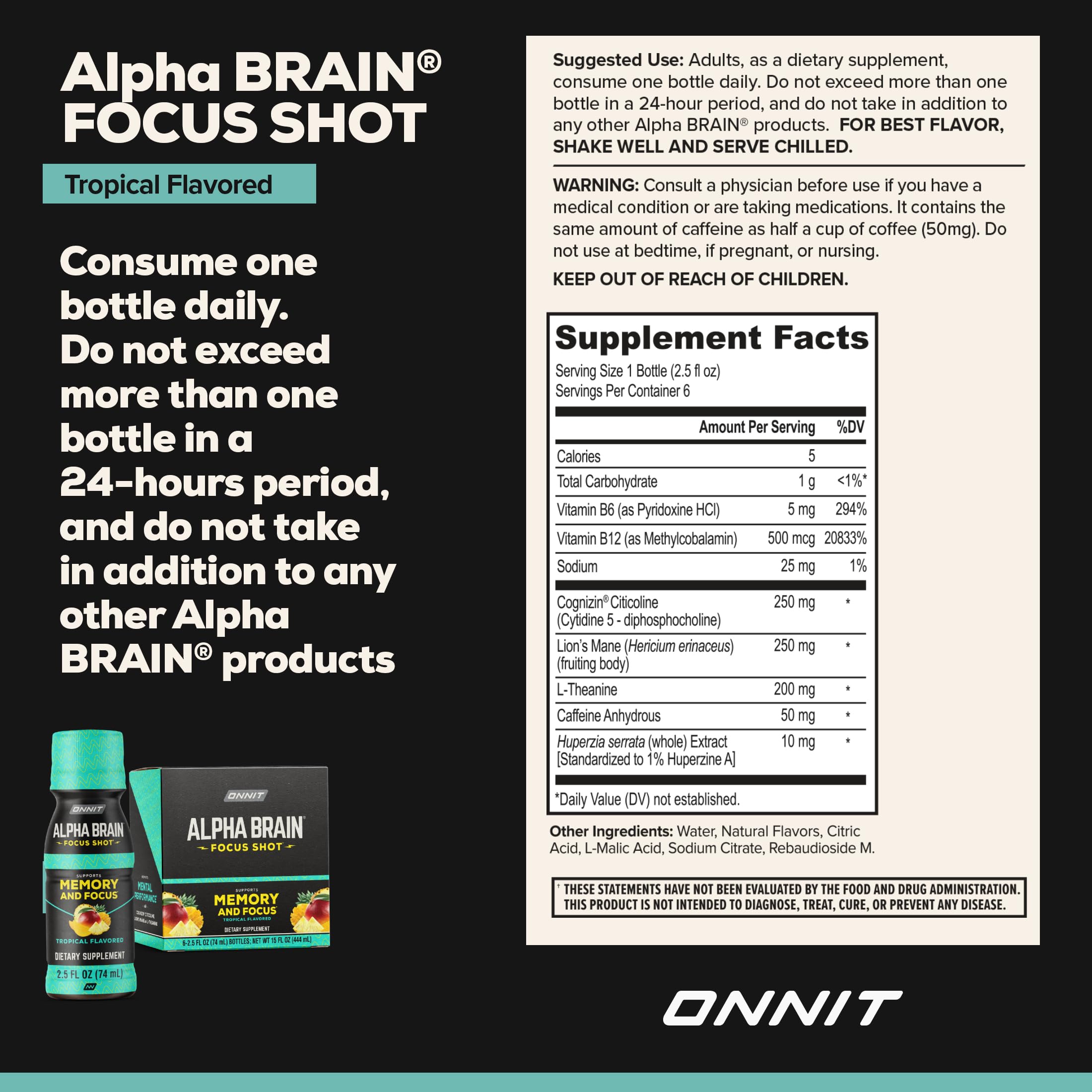 ONNIT Alpha Brain Focus Shot, Tropical Flavor, Nootropic Dietary Supplement Drink That Supports Energy, Focus, and Mood, IGEN™ Non-GMO Tested, 2.5 fl oz, 6 Count ONNIT uk supplements