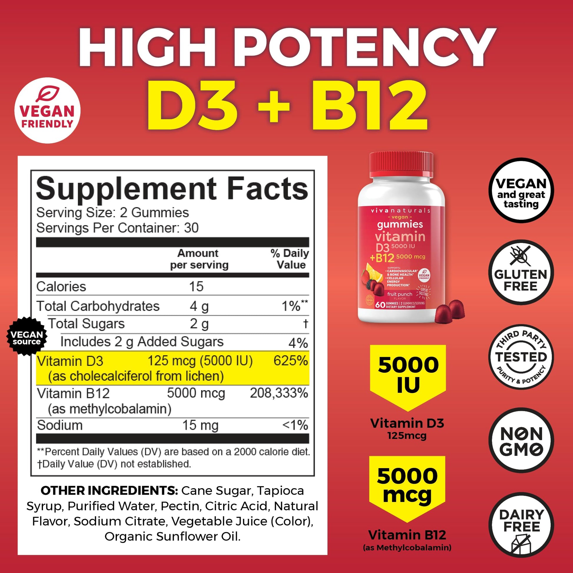 Viva Naturals Plant-Based B12 Gummies with Vitamin D3 - Chewable 5000mcg B12 Viva Naturals uk supplements