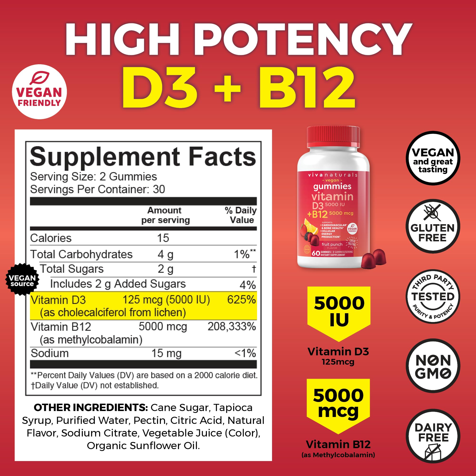 Viva Naturals Plant-Based B12 Gummies with Vitamin D3 - Chewable 5000mcg B12 Viva Naturals uk supplements