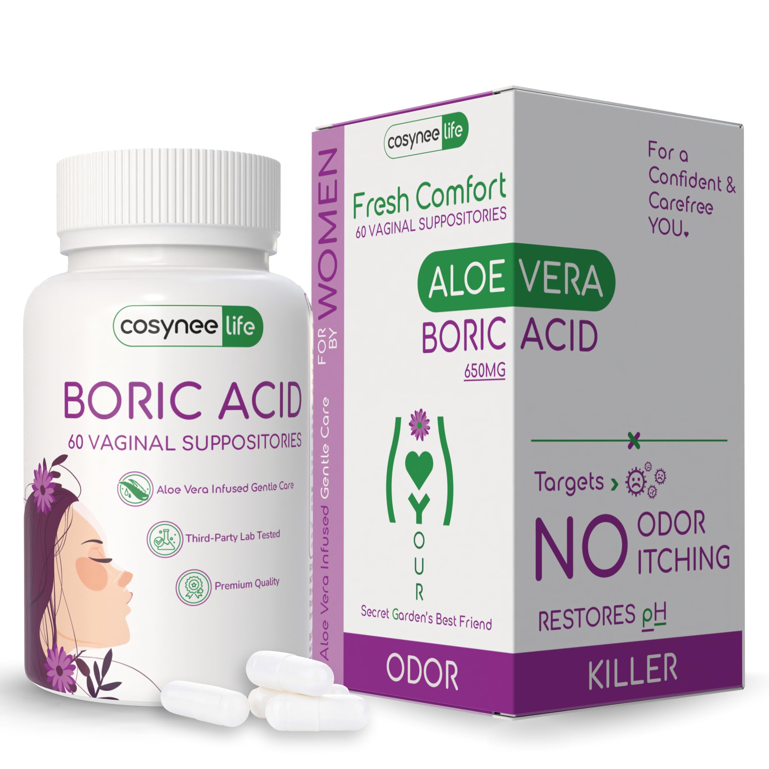 cosynee Boric Acid Capsules for Women with Aloe Vera – 60 Capsules, 650mg Each – Feminine Hygiene Support cosynee uk supplements