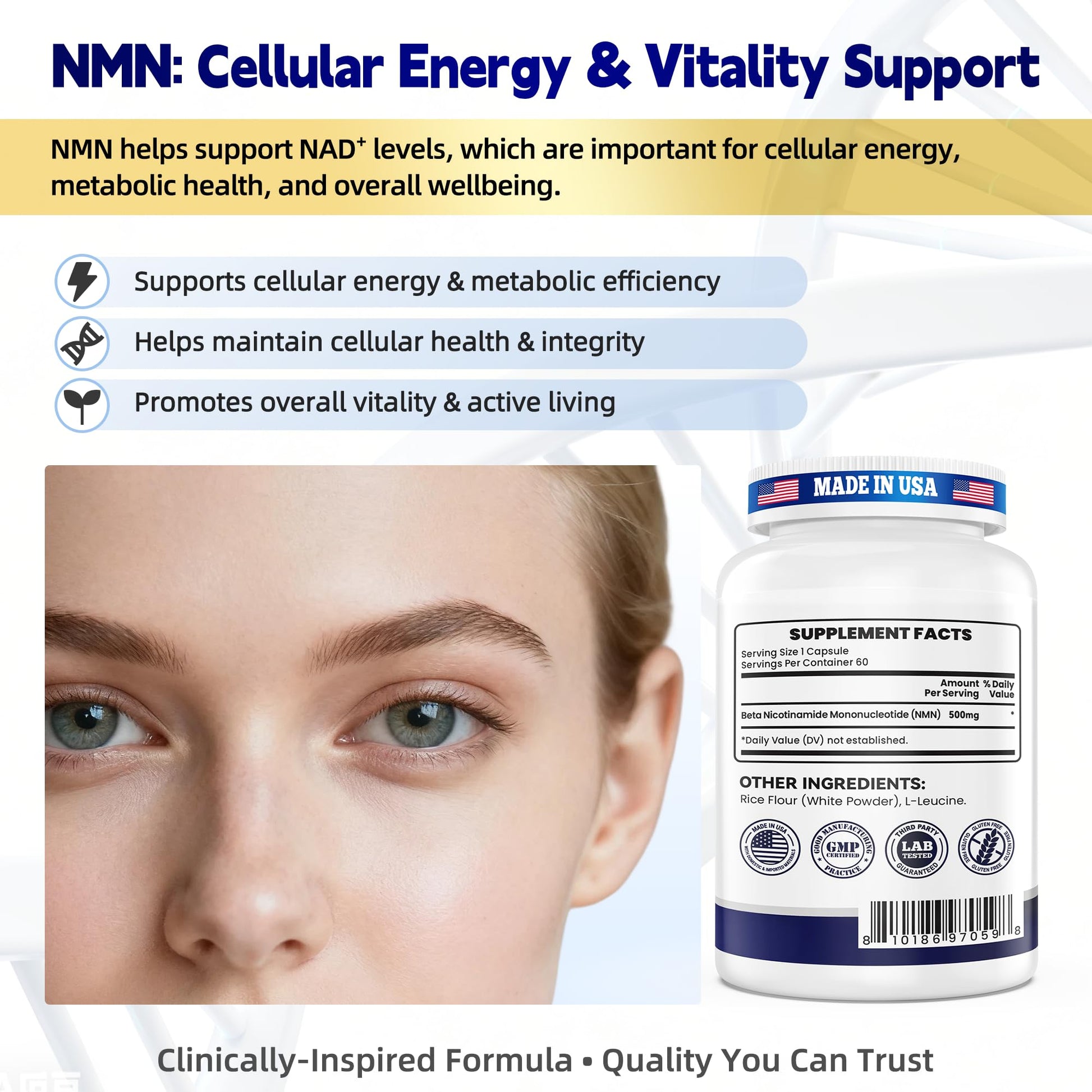 NMN 500MG Per Capsule – High Purity 99.9% NMN, NAD+ Support for Cellular Energy & Healthy Aging, 60 Capsules, Third-Party Tested, cGMP Made in USA I LOVE HEALTH uk supplements