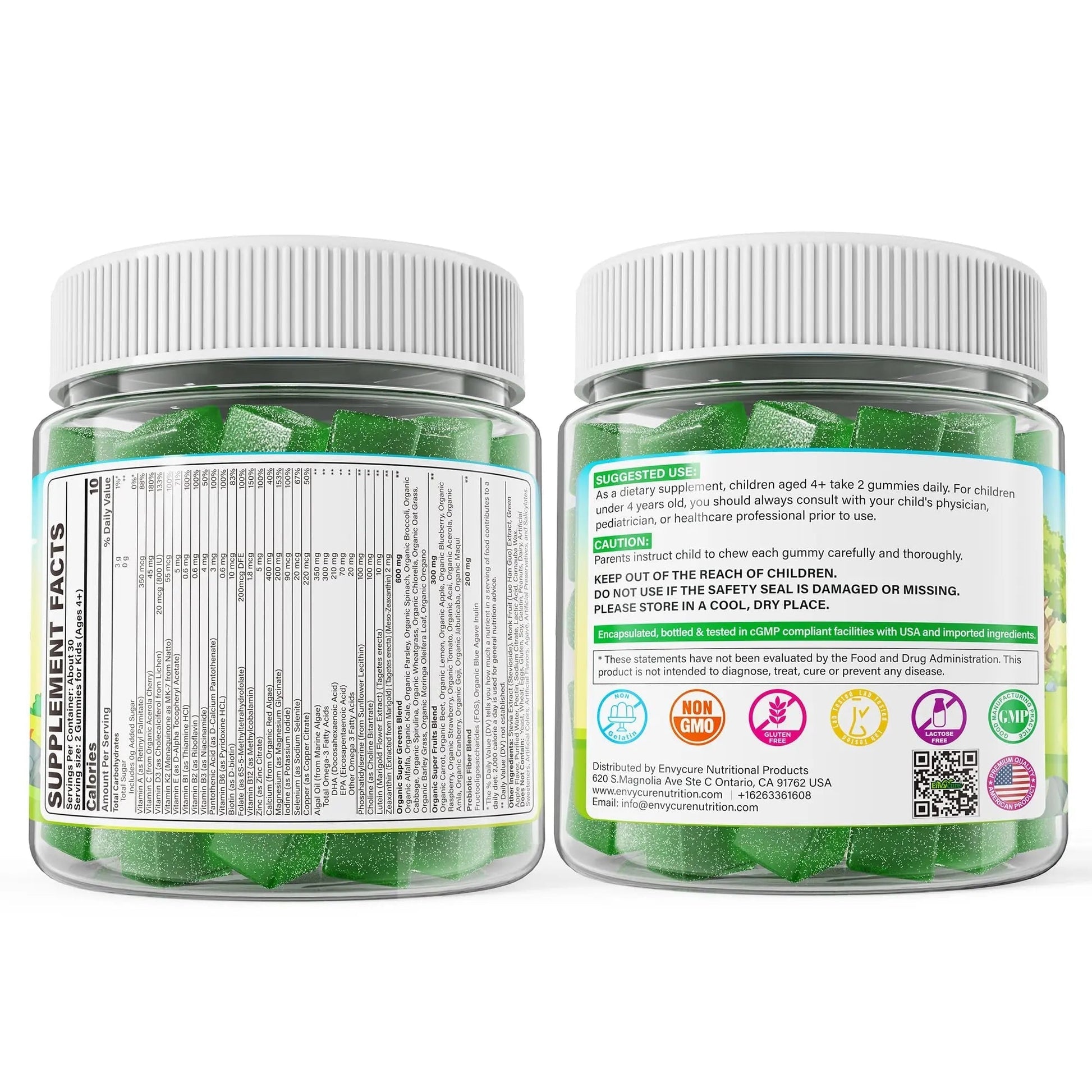 Kids Super Greens Gummies, w/Multivitamins, Spirulina, Chlorella, Spinach, Broccoli, Calcium, Omega-3 (DHA/EPA) EnvyCure uk supplements