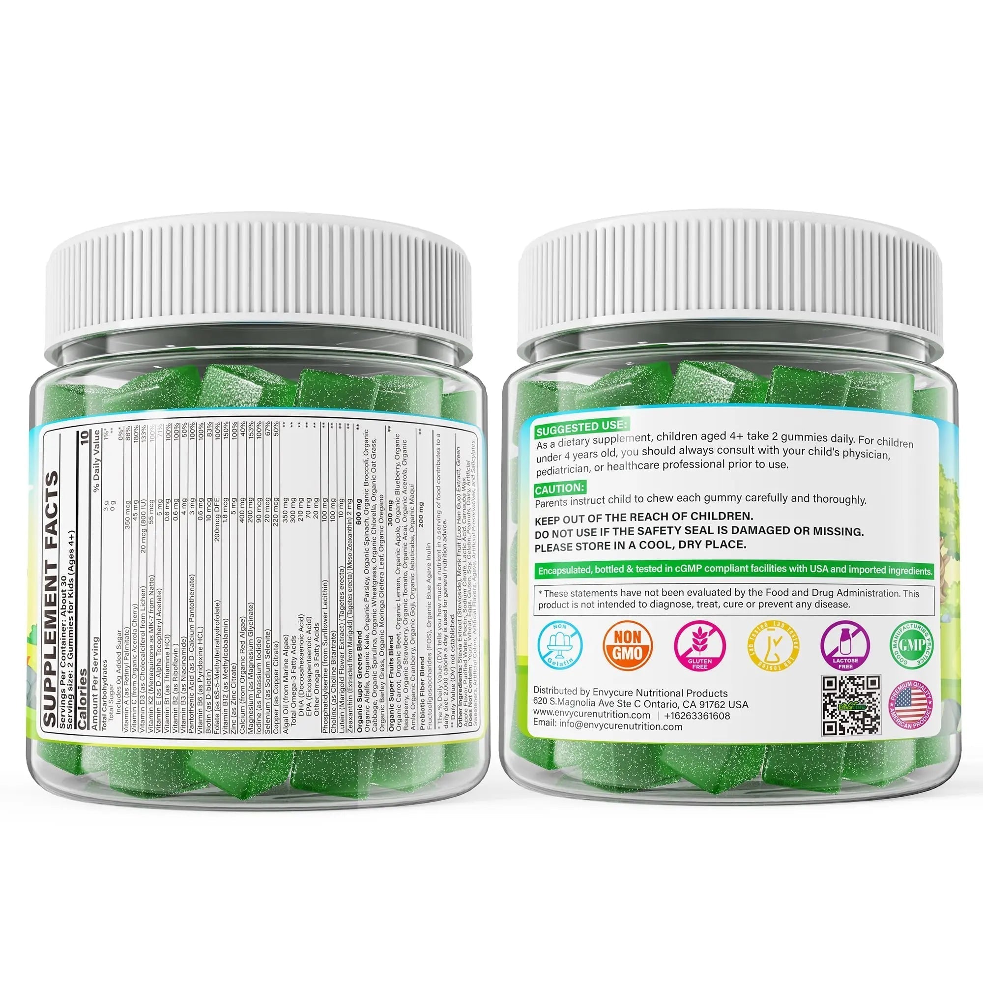 Kids Super Greens Gummies, w/Multivitamins, Spirulina, Chlorella, Spinach, Broccoli, Calcium, Omega-3 (DHA/EPA) EnvyCure uk supplements