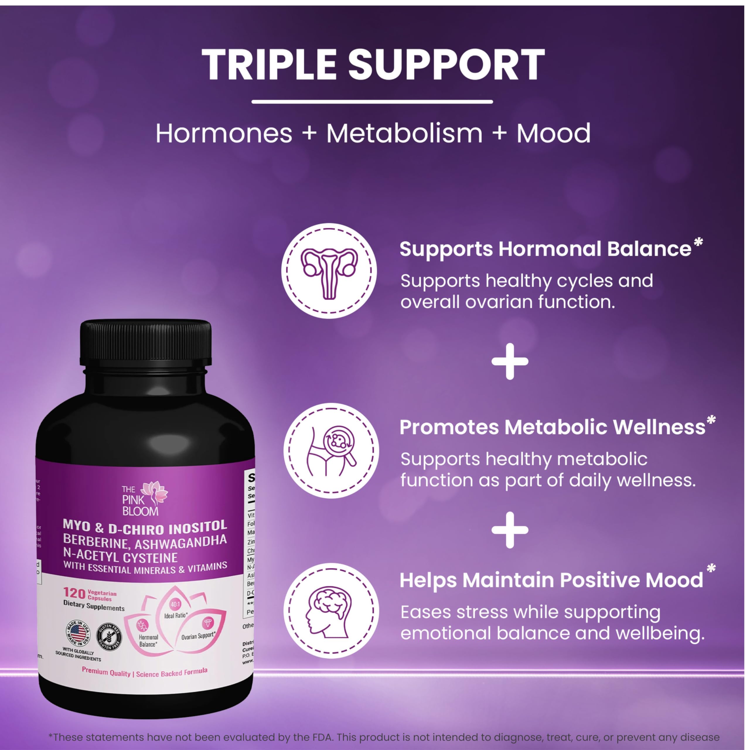 The Pink Bloom Myo & D-Chiro Inositol 40:1 Ratio – 120 Capsules | Myo Inositol Supplement for Women with Vitamin D, Ashwagandha, Folate & Zinc | Supplement for Hormone Balance & Ovarian Health The Pink Bloom uk supplements