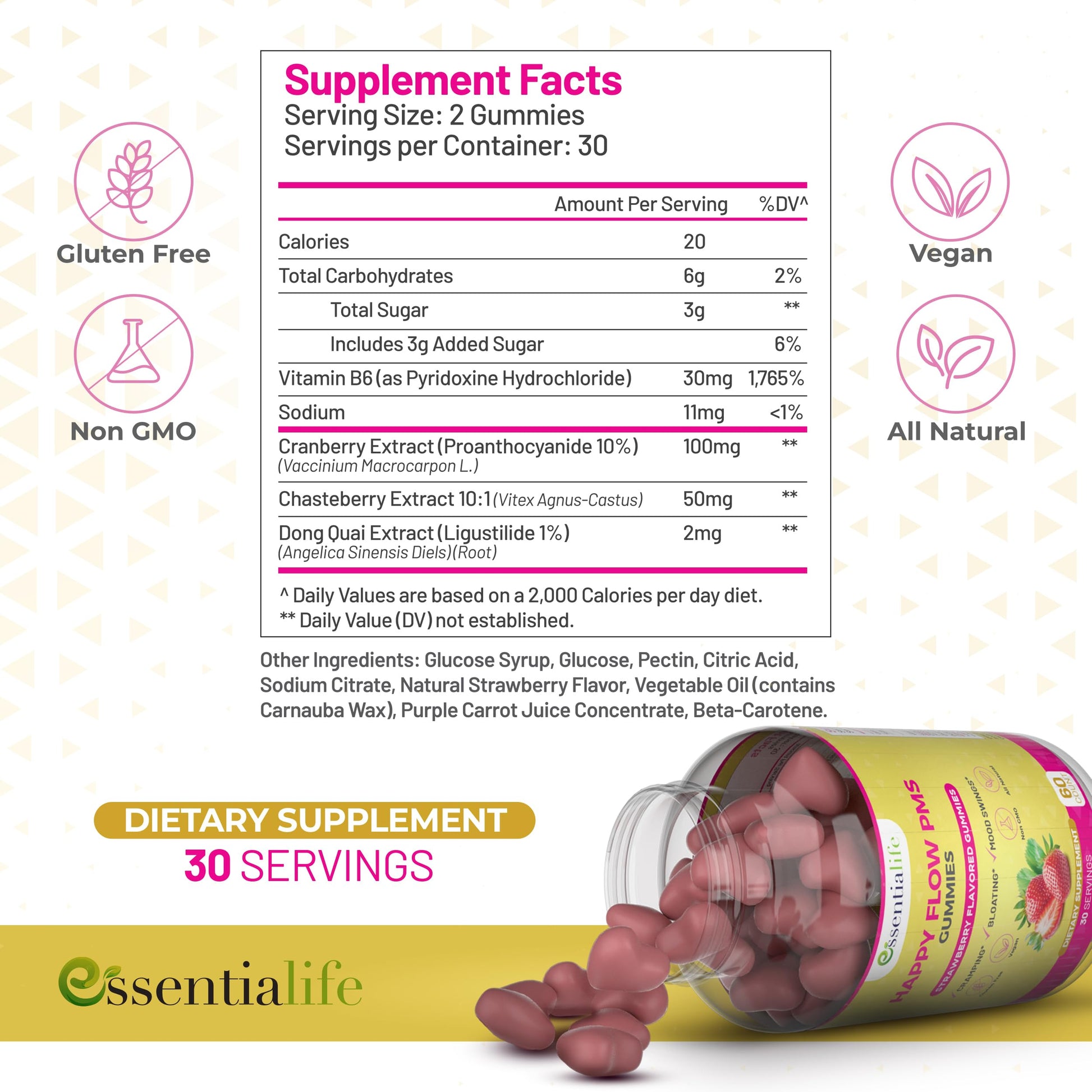 PMS Gummies - Happy Flow PMS Support Supplement for Women - Strawberry PMS Relief Supplement with Vitamin B6 for Hormone Balance, Period Support, Cramps, Hormonal Acne & Bloating Relief (60 Count) Essentialife uk supplements